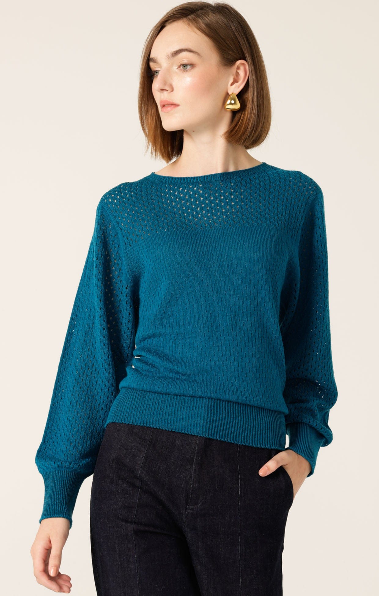 Knitwear LONG SLEEVE RIPPLE KNIT TOP IN CERULEAN BLUE