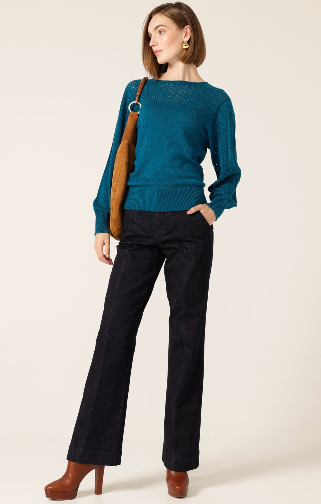 Knitwear LONG SLEEVE RIPPLE KNIT TOP IN CERULEAN BLUE