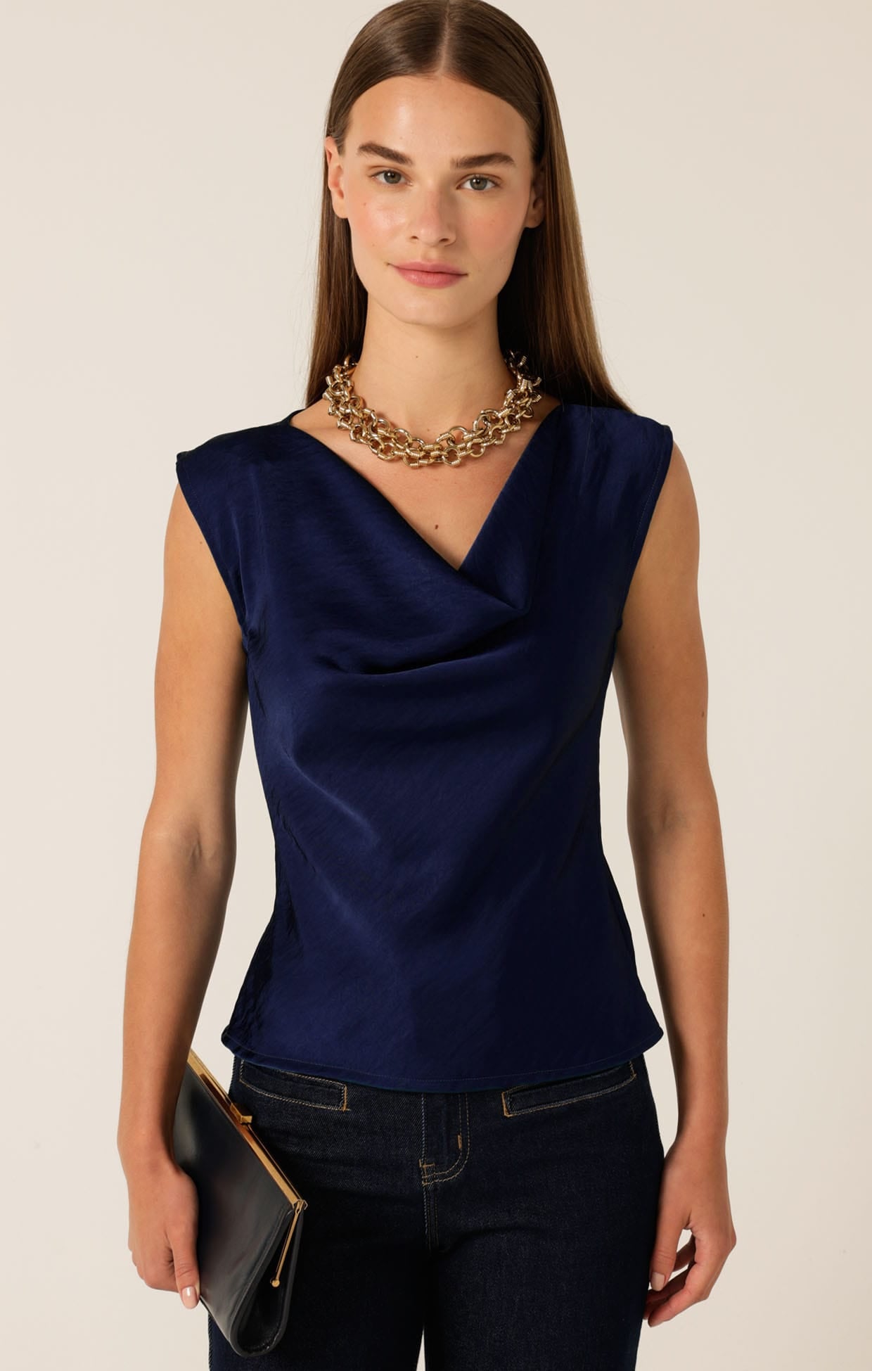 Tops Multi Occasion LUXE COWL BIAS TOP IN NAVY