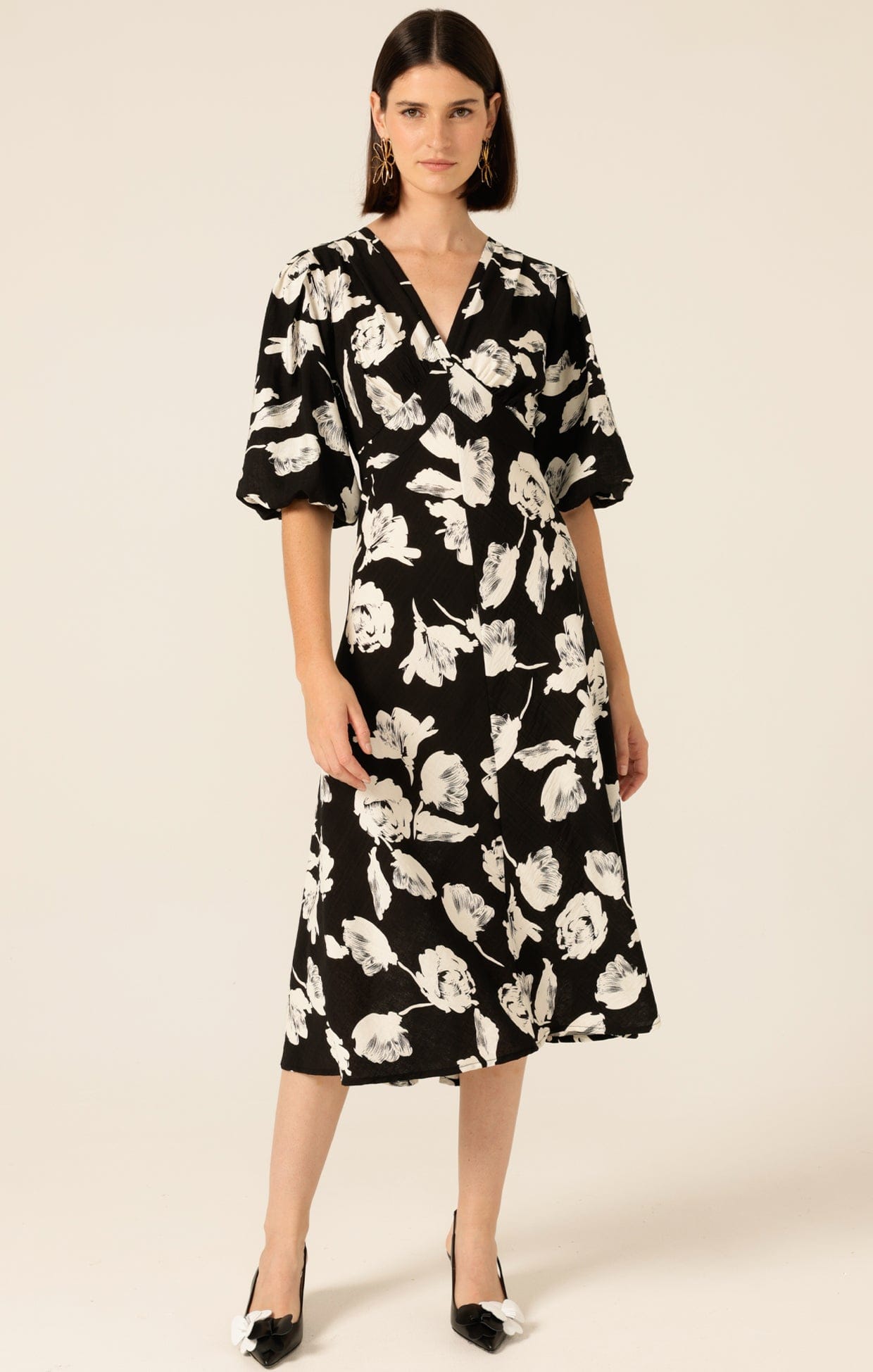 Moonbeam Meadow A-line Dress in Black White | Bishop Sleeve Dess Moonbeam Meadow A-line Dress in Black White | Bishop Sleeve Dess