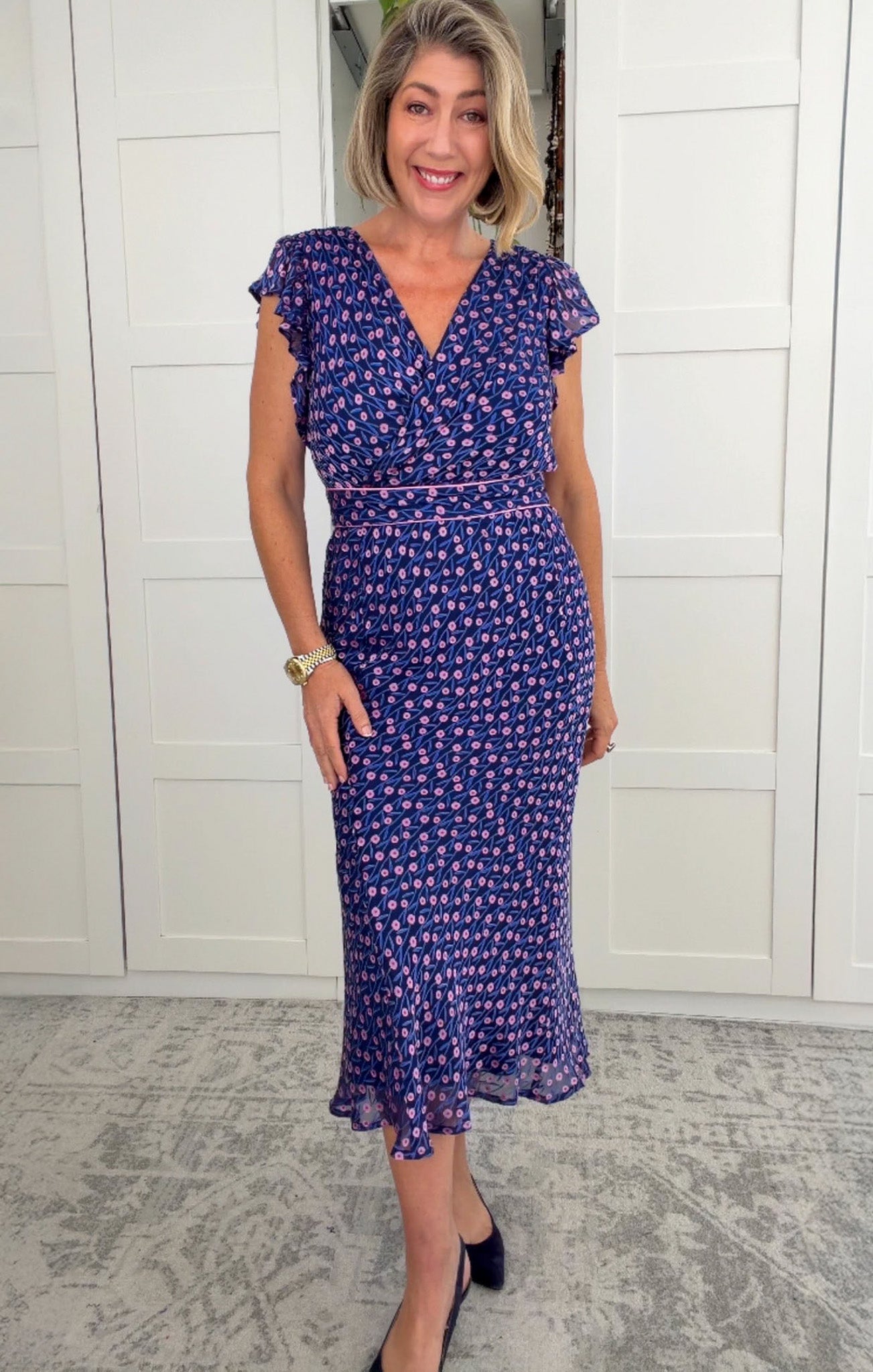FLEUR DE LYS MIDI DRESS IN INDIGO PINK POPPY