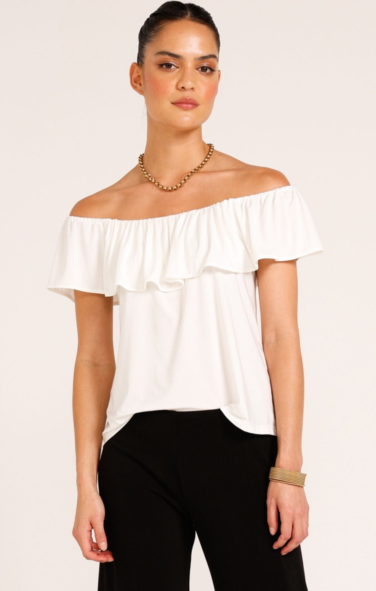 Tops Multi Occasion OFF SHOULDER FRILL TOP IN IVORY