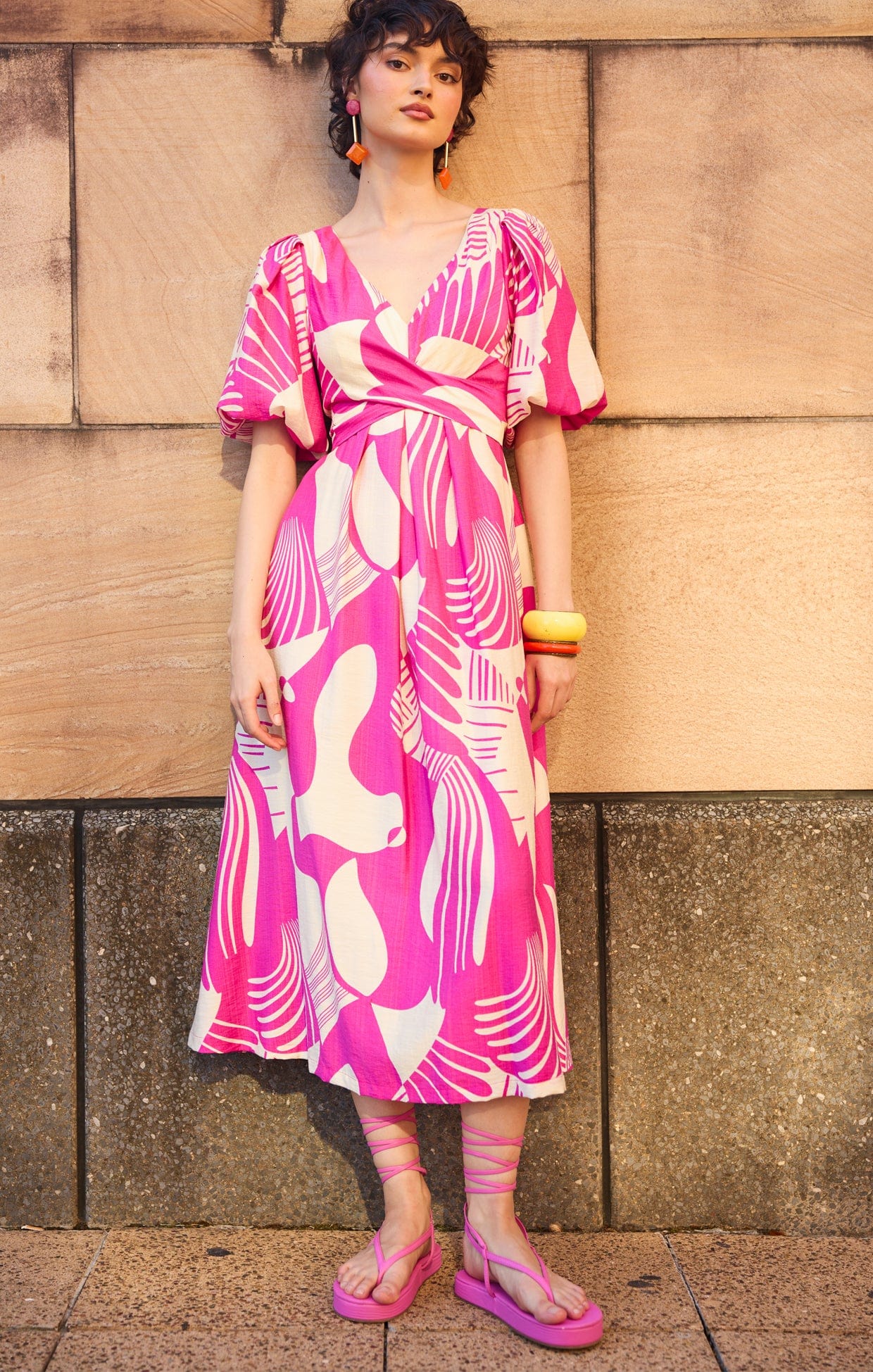 Paloma Faux Wrap Dress in Magenta Abstract SACHA DRAKE
