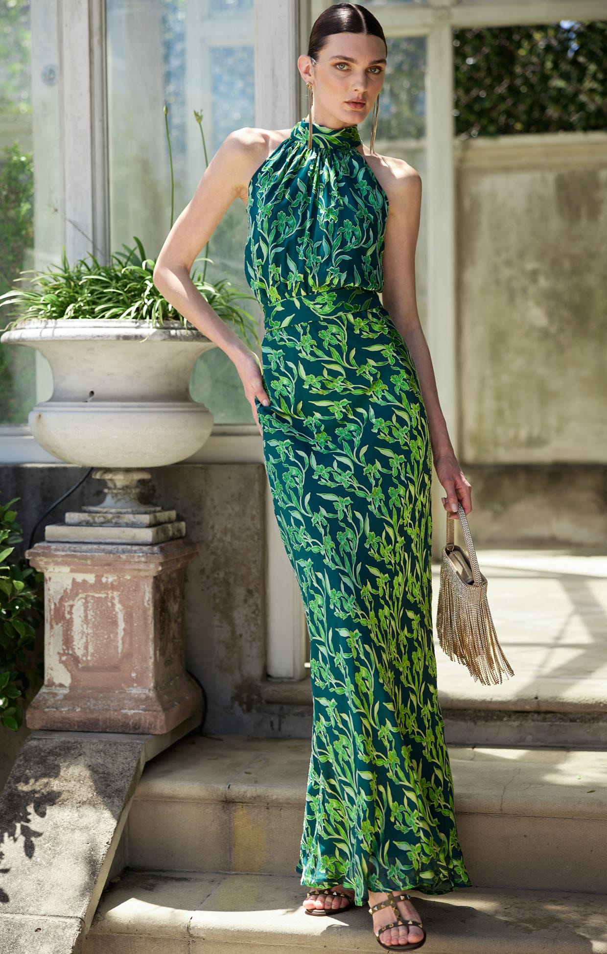 Priscilla Halter Dress in Emerald Botanical