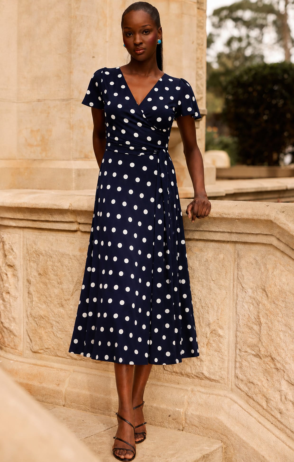 Reverse Wrap Midi Dress in Navy White Spot