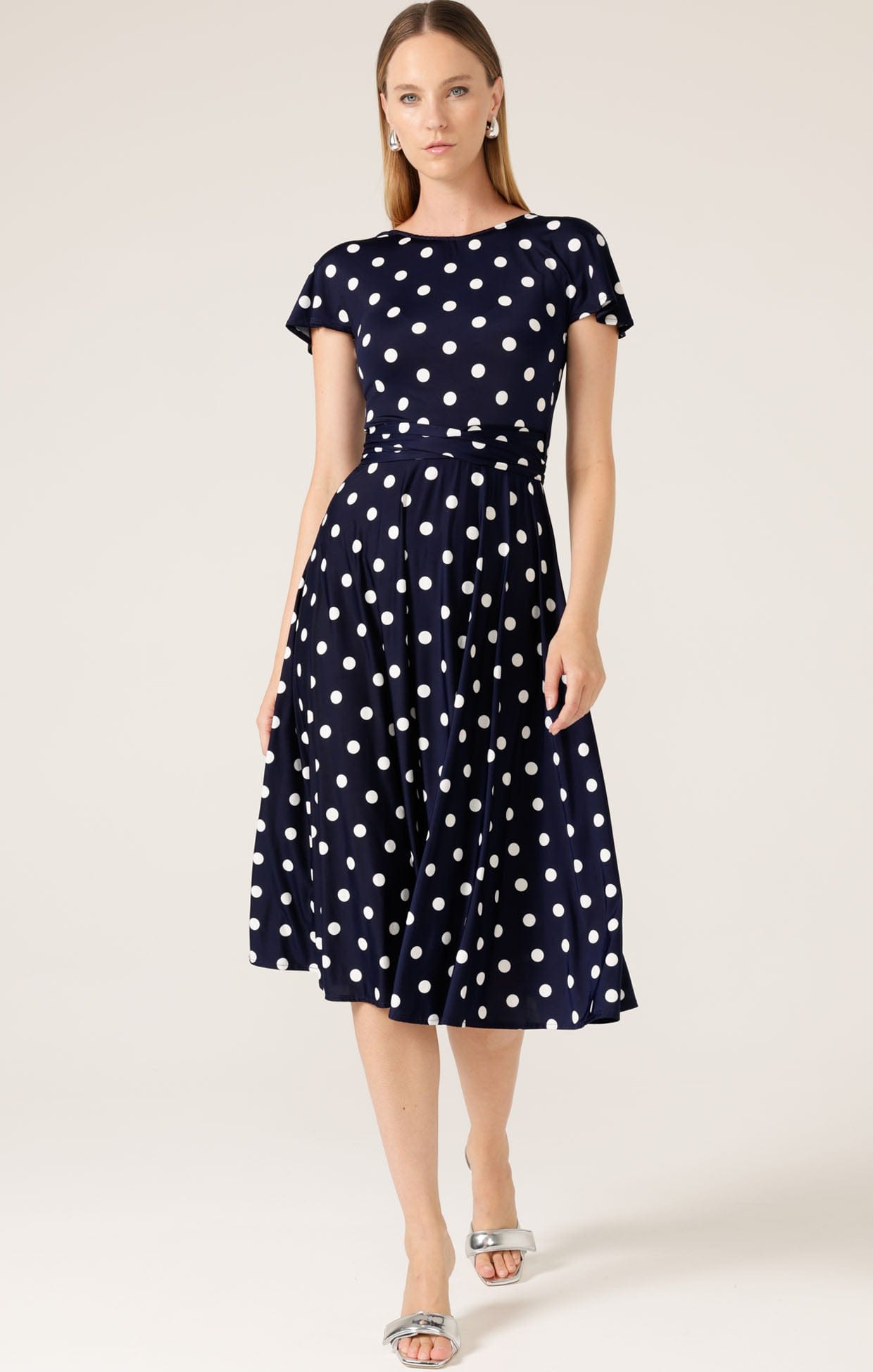 Dresses Multi Occasion REVERSE WRAP MIDI DRESS IN NAVY WHITE SPOT