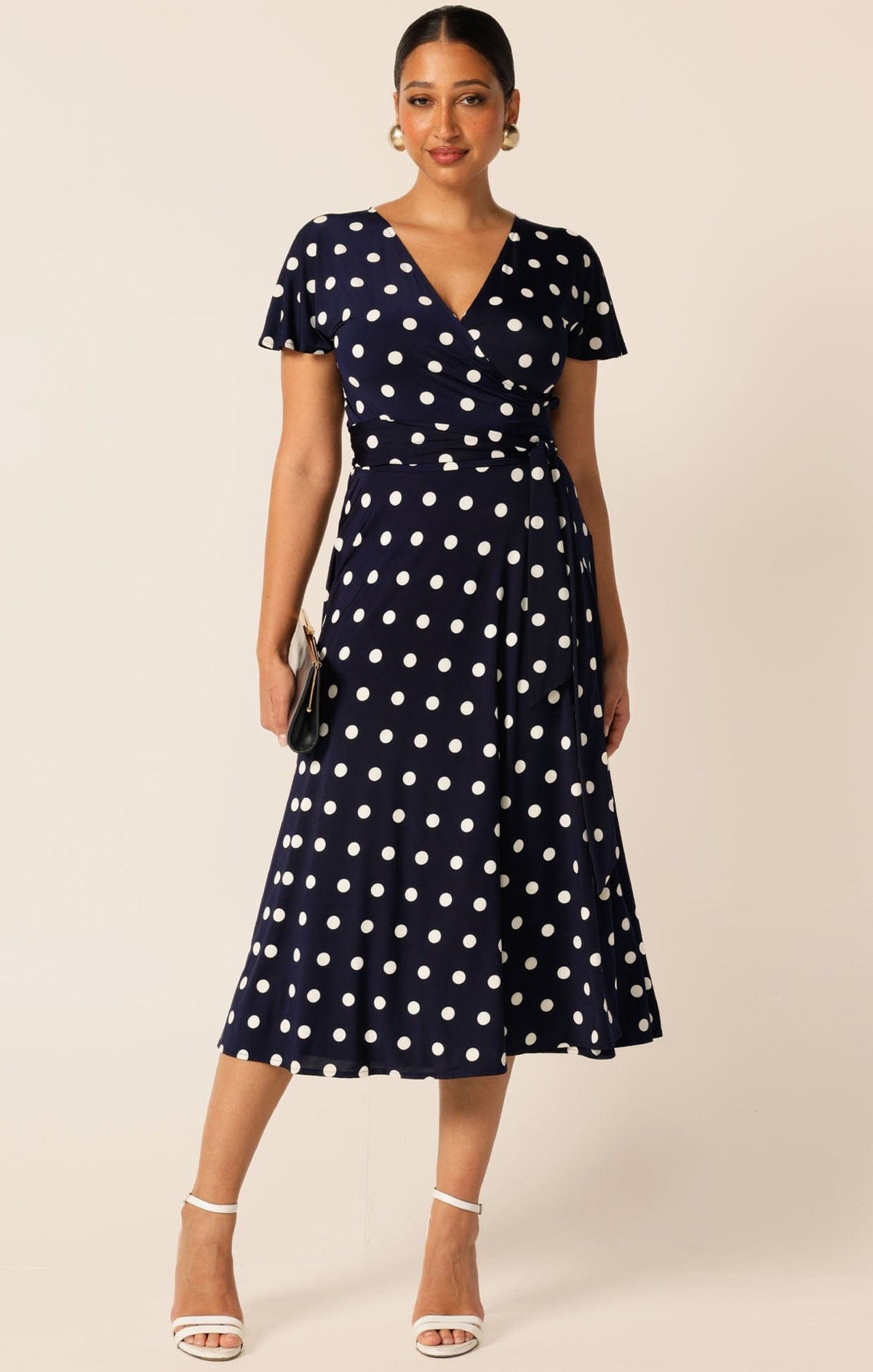 Dresses Multi Occasion REVERSE WRAP MIDI DRESS IN NAVY WHITE SPOT