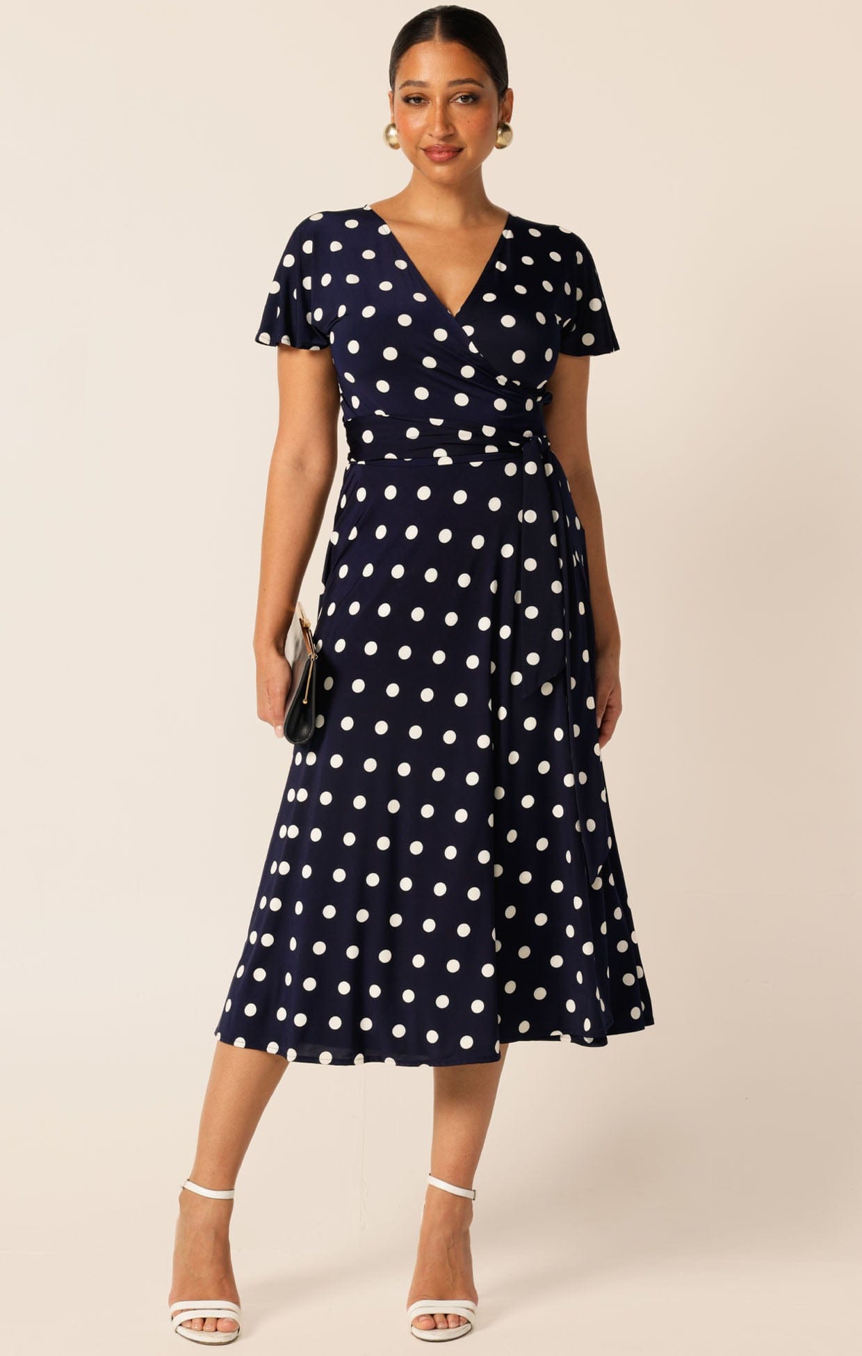 Dresses Multi Occasion REVERSE WRAP MIDI DRESS IN NAVY WHITE SPOT