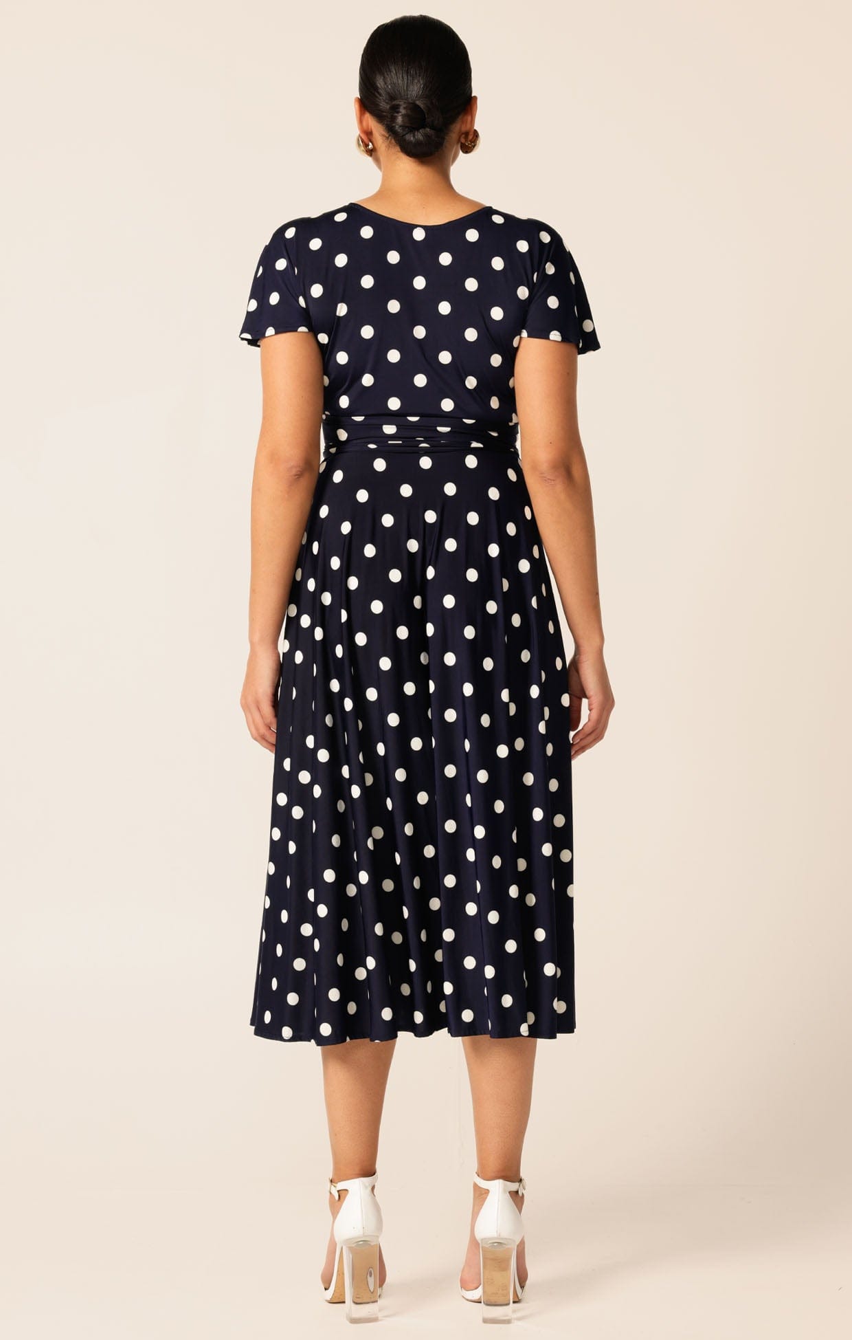 Dresses Multi Occasion REVERSE WRAP MIDI DRESS IN NAVY WHITE SPOT