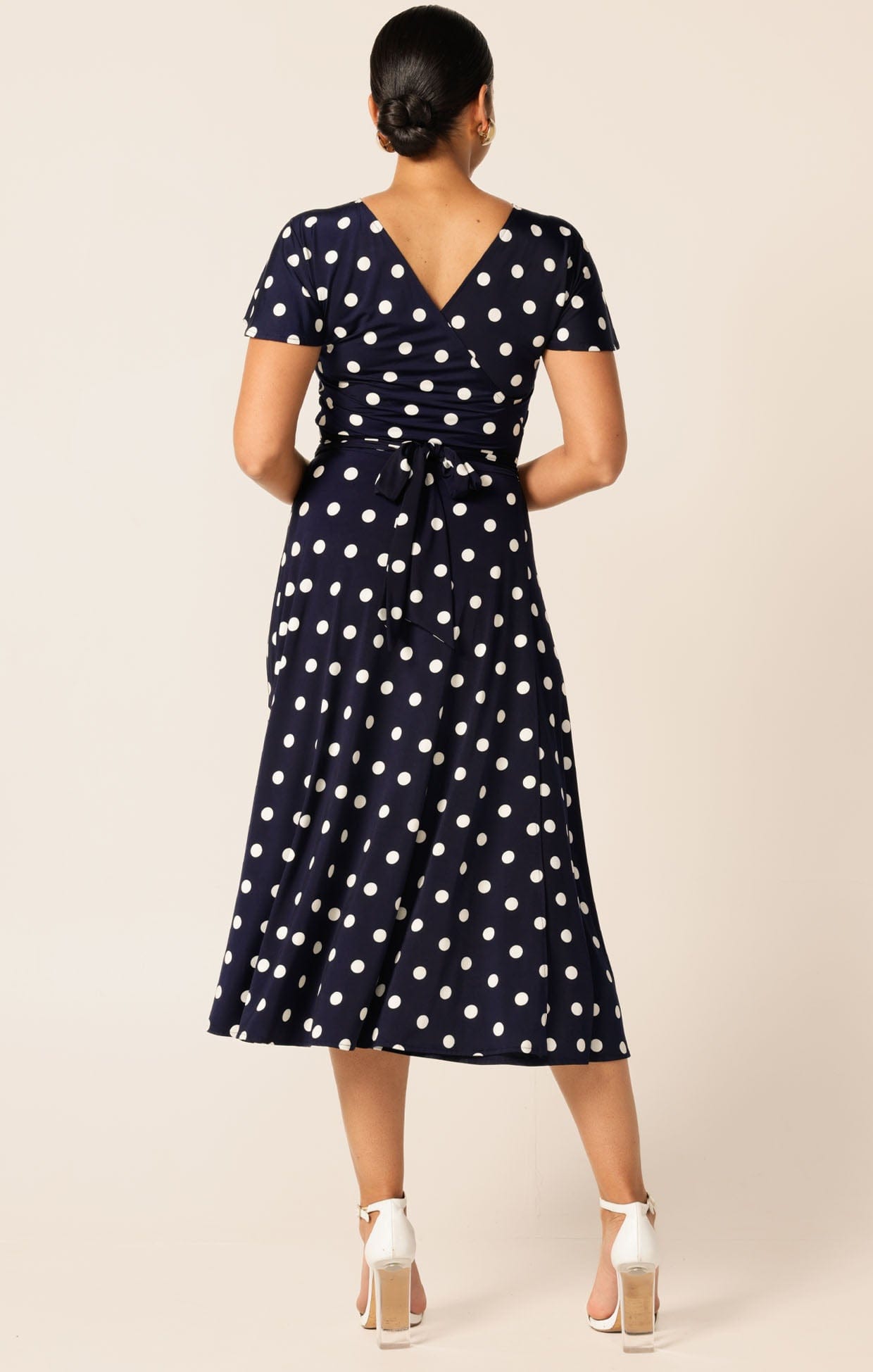 Dresses Multi Occasion REVERSE WRAP MIDI DRESS IN NAVY WHITE SPOT