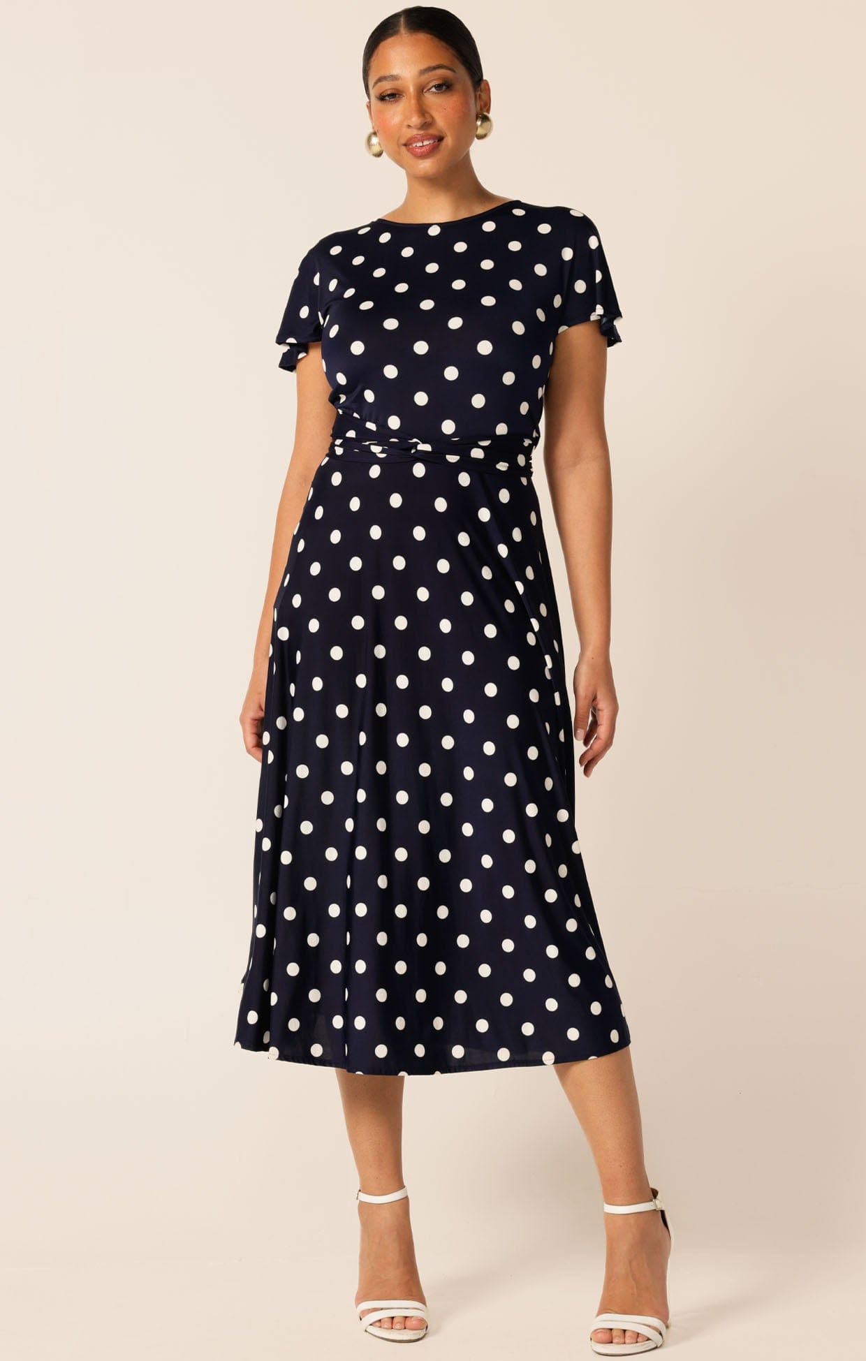 Reverse Wrap Midi Dress in Navy White Spot