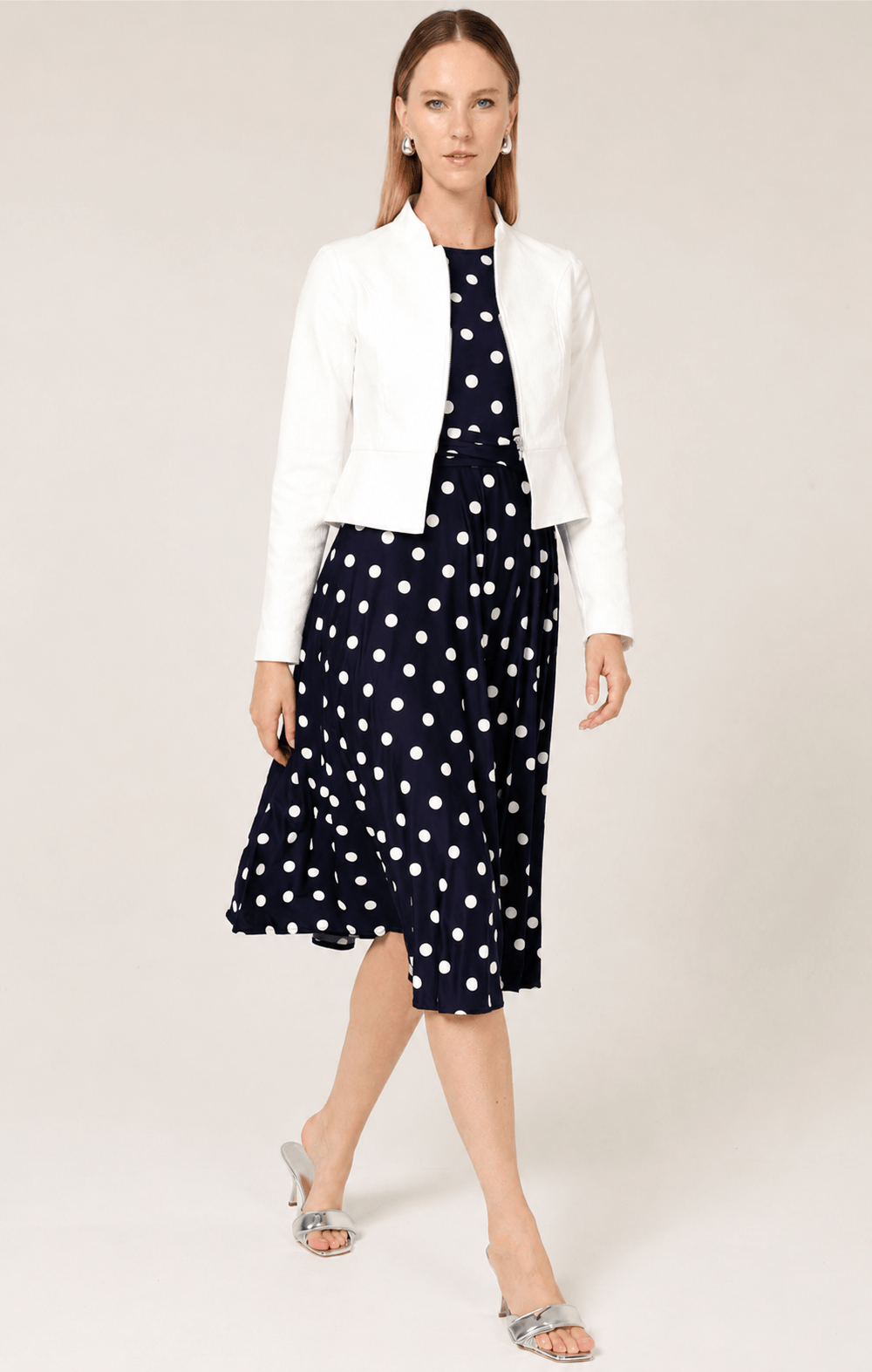 Dresses Multi Occasion REVERSE WRAP MIDI DRESS IN NAVY WHITE SPOT