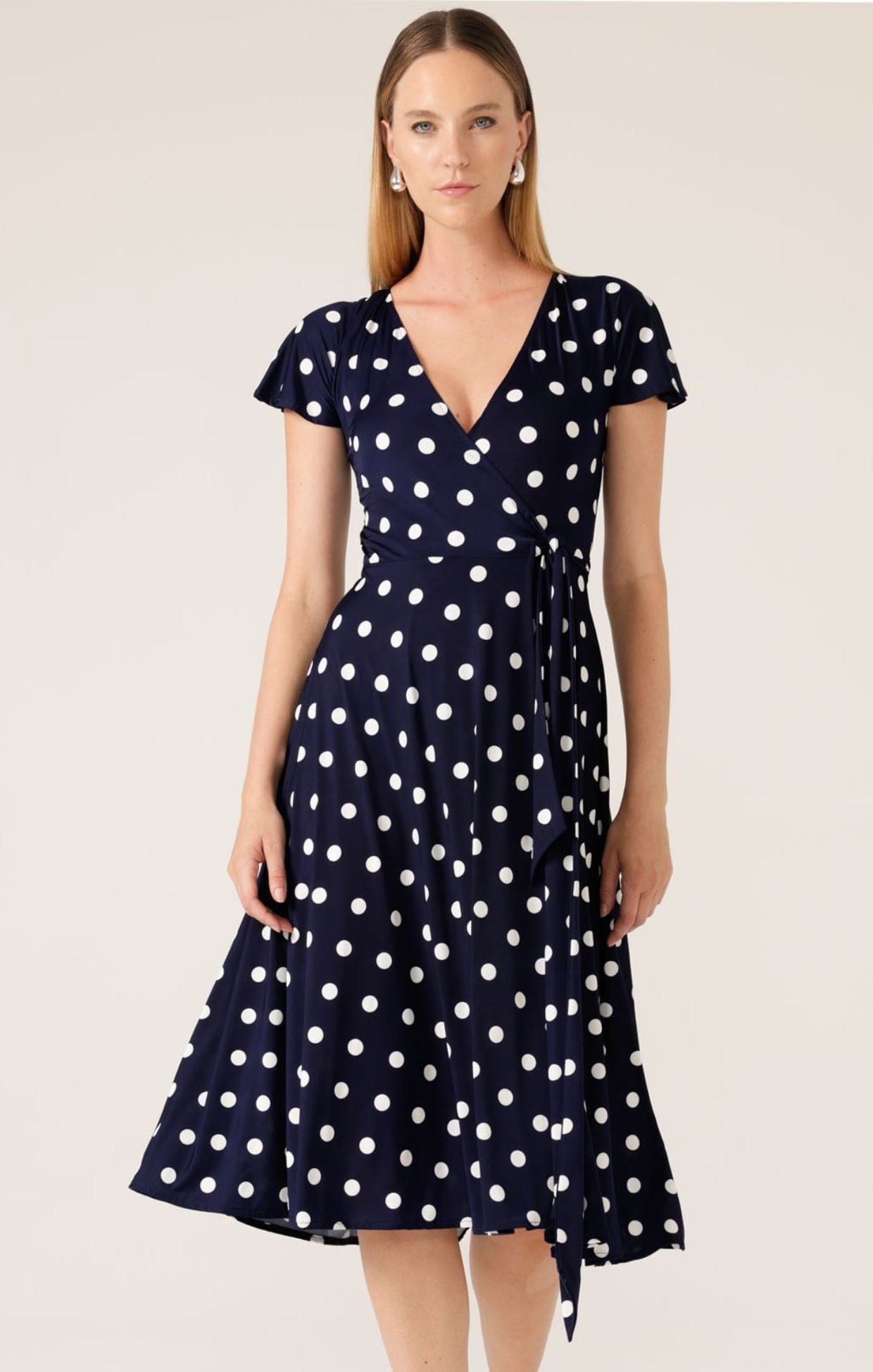 Dresses Multi Occasion REVERSE WRAP MIDI DRESS IN NAVY WHITE SPOT