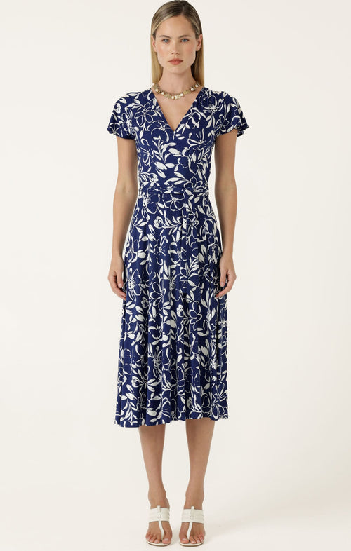 Dresses Multi Occasion REVERSE WRAP MIDI DRESS IN NAVY WHITE FLORAL