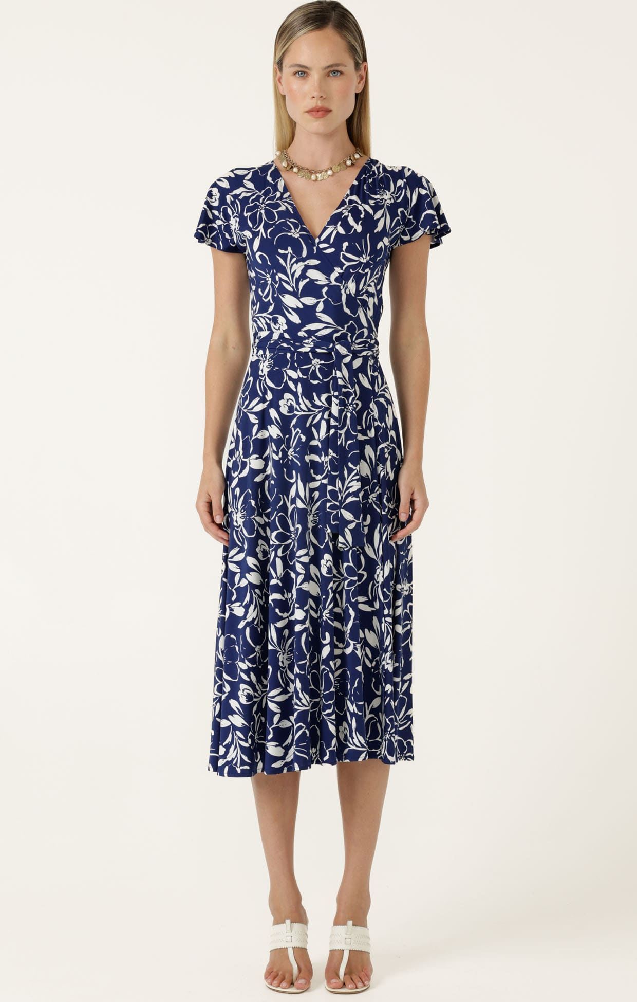 Dresses Multi Occasion REVERSE WRAP MIDI DRESS IN NAVY WHITE FLORAL