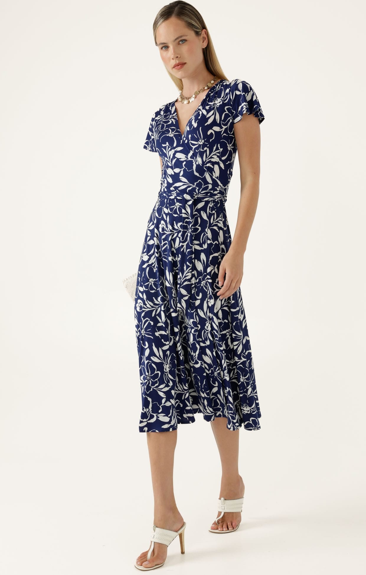 Dresses Multi Occasion REVERSE WRAP MIDI DRESS IN NAVY WHITE FLORAL