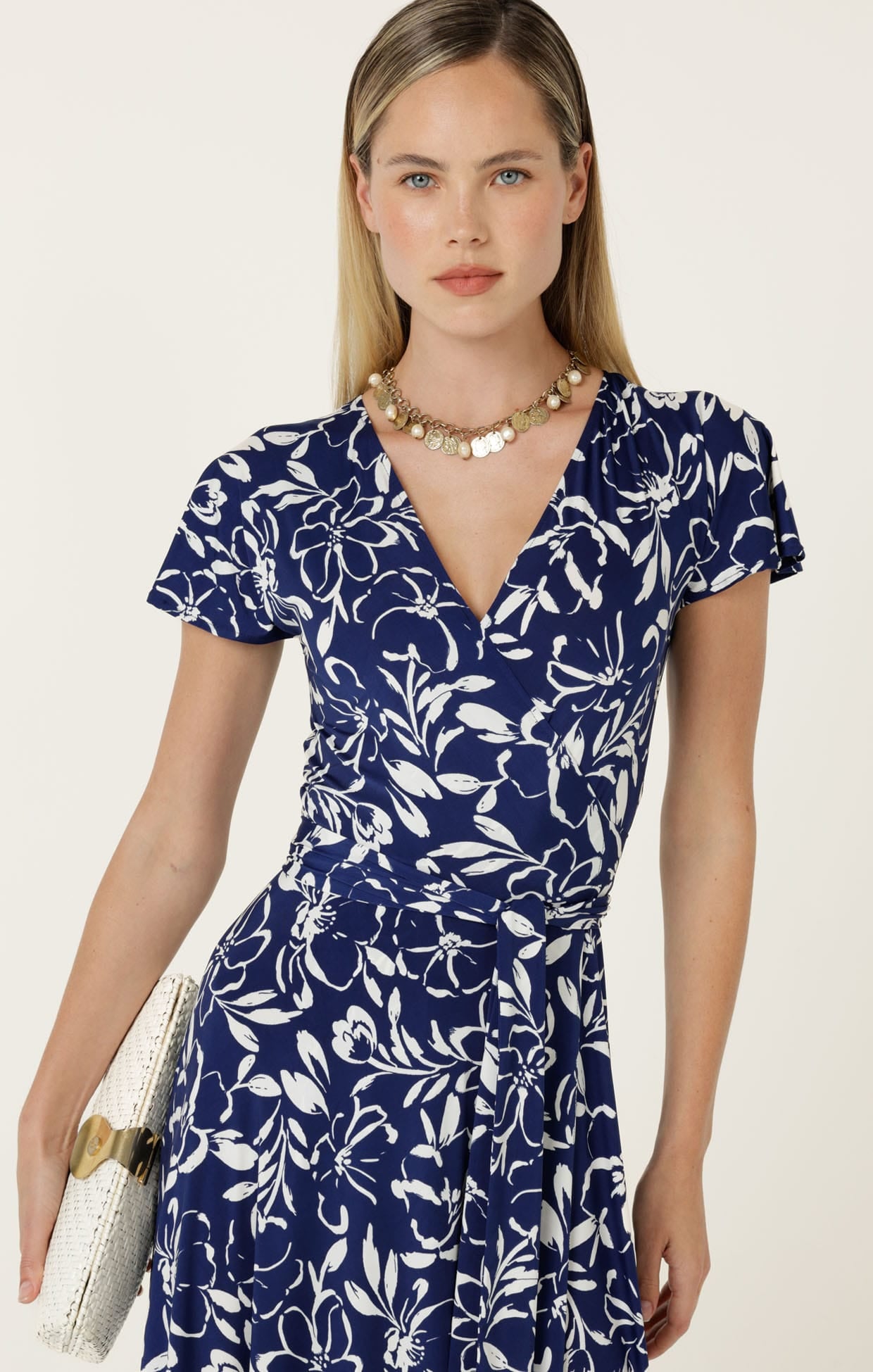 Dresses Multi Occasion REVERSE WRAP MIDI DRESS IN NAVY WHITE FLORAL