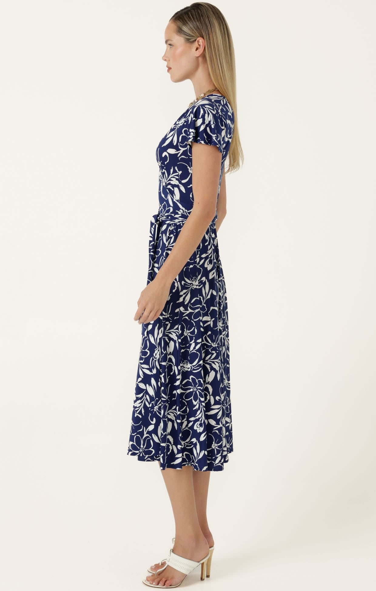 Dresses Multi Occasion REVERSE WRAP MIDI DRESS IN NAVY WHITE FLORAL