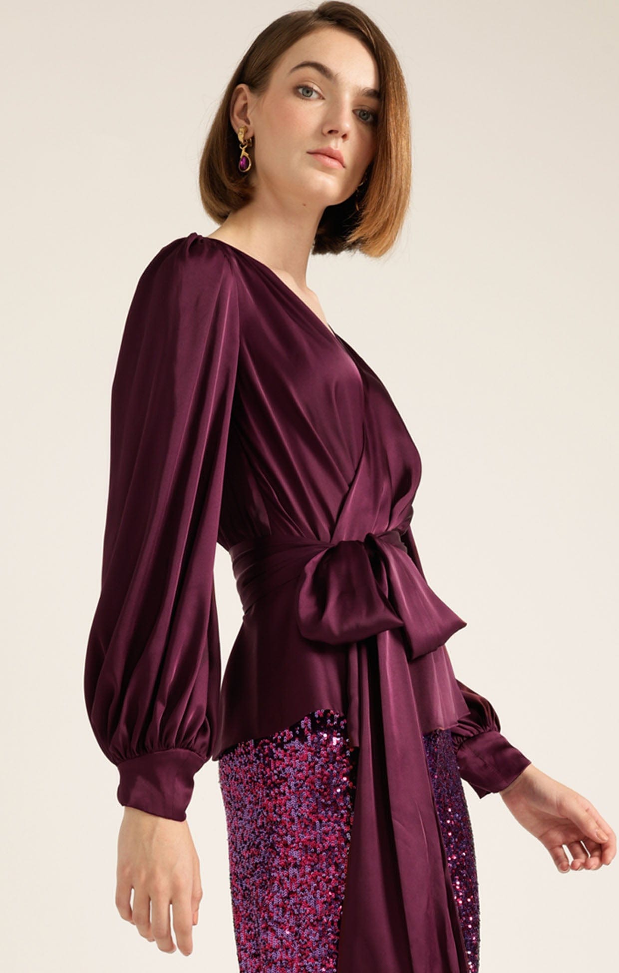 Tops Multi Occasion SATIN FAUX WRAP TOP IN CHERRY