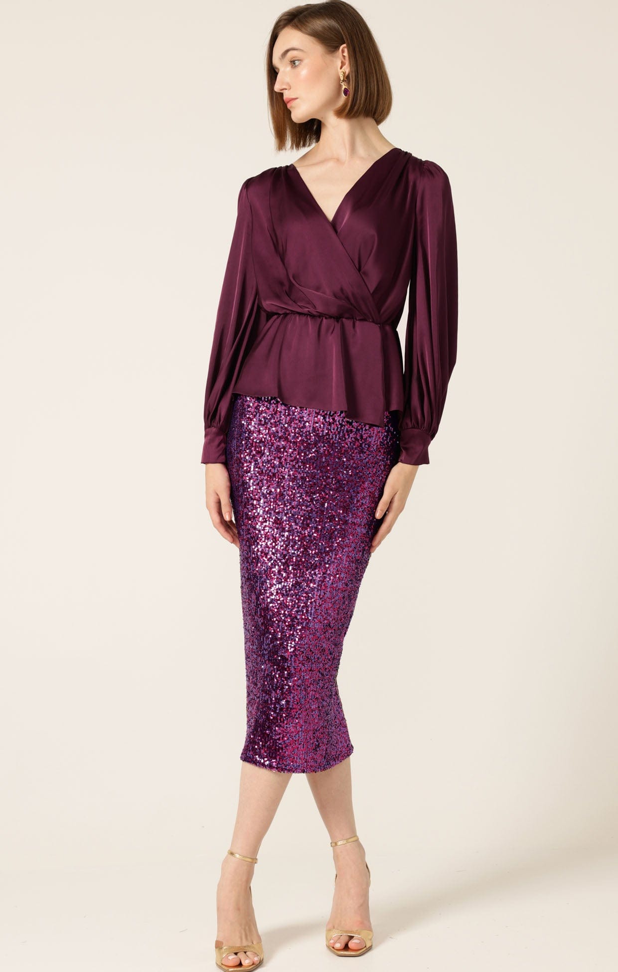 Tops Multi Occasion SATIN FAUX WRAP TOP IN CHERRY