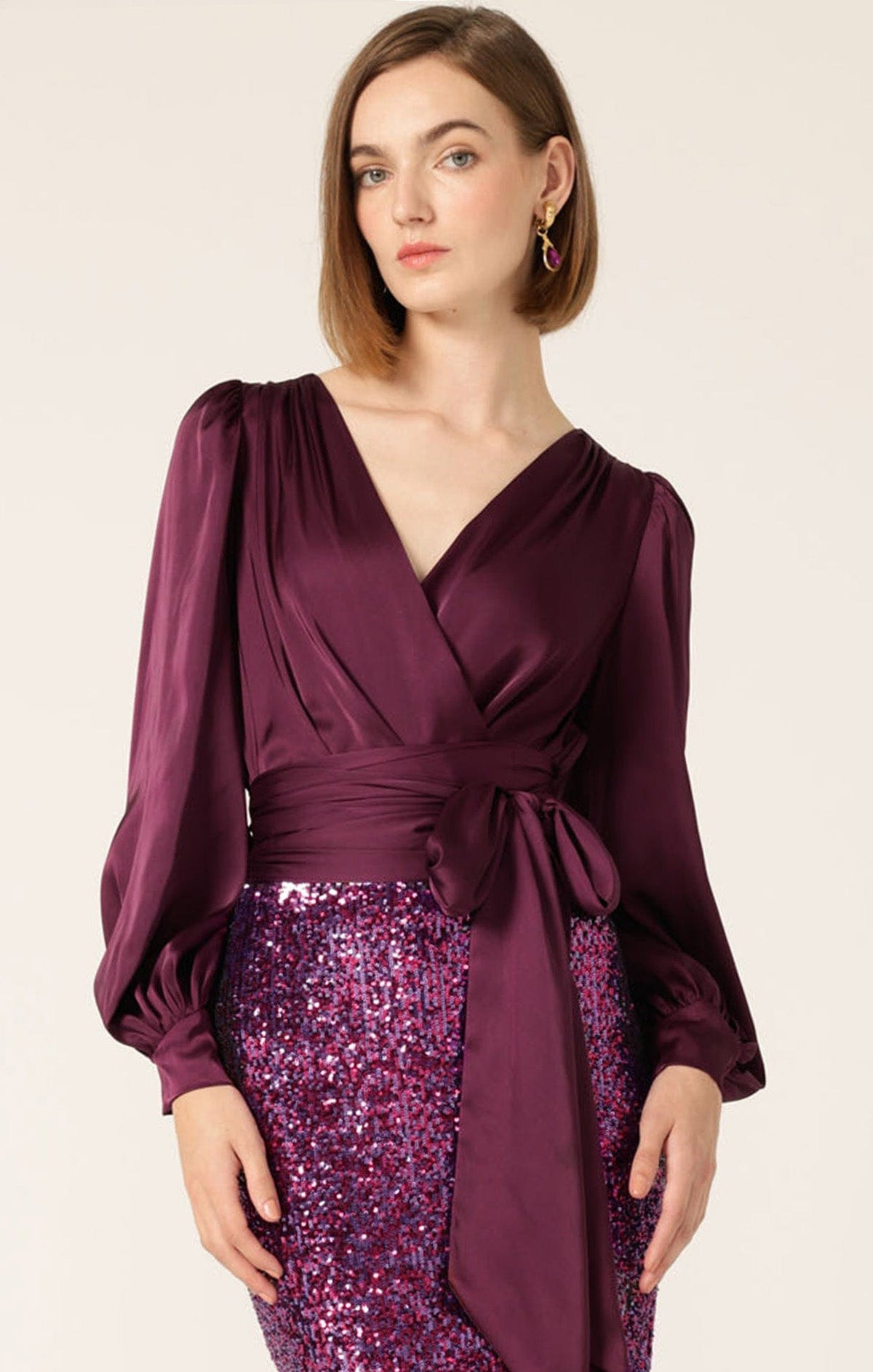 Tops Multi Occasion SATIN FAUX WRAP TOP IN CHERRY
