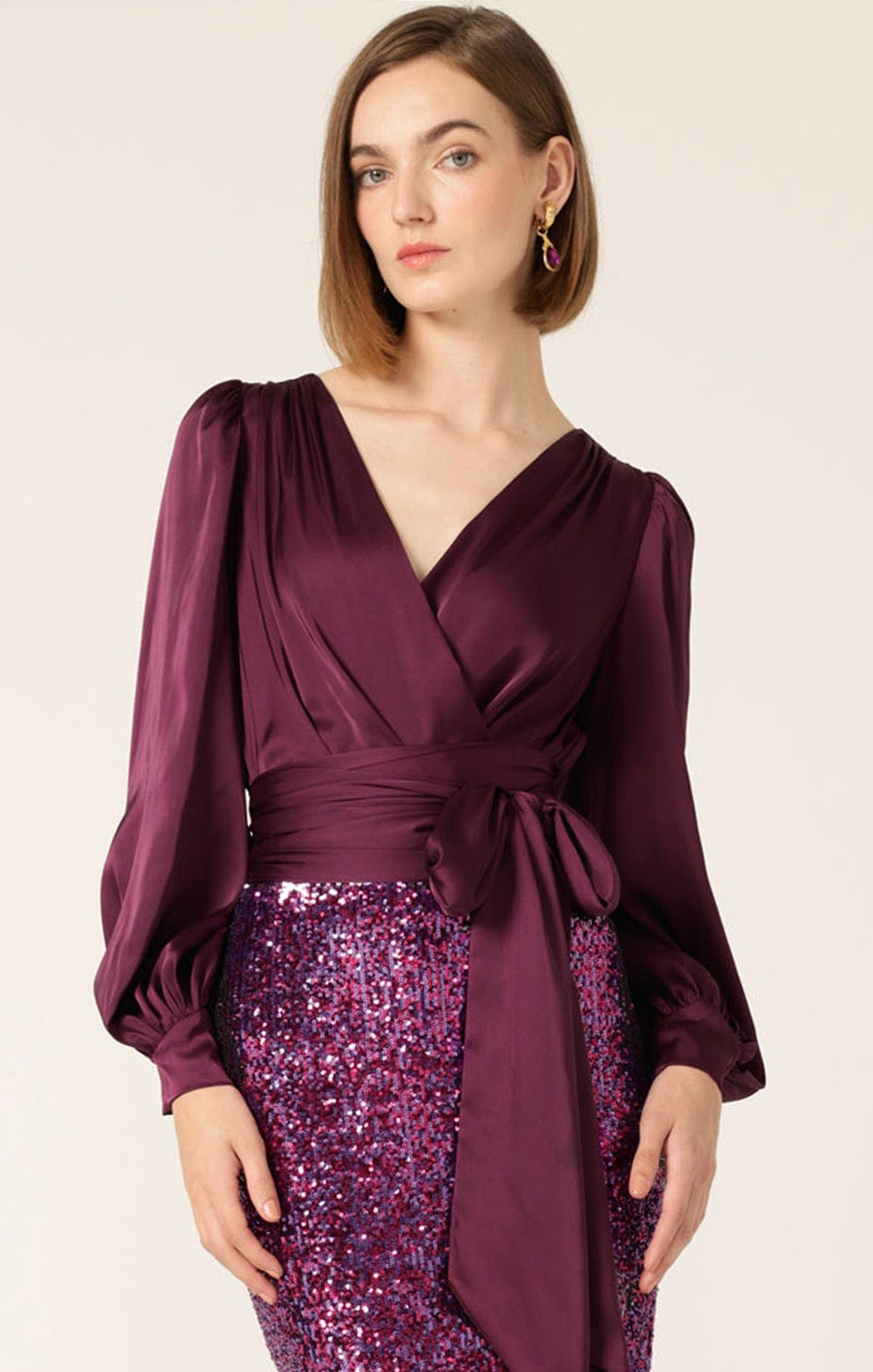 Tops Multi Occasion SATIN FAUX WRAP TOP IN CHERRY