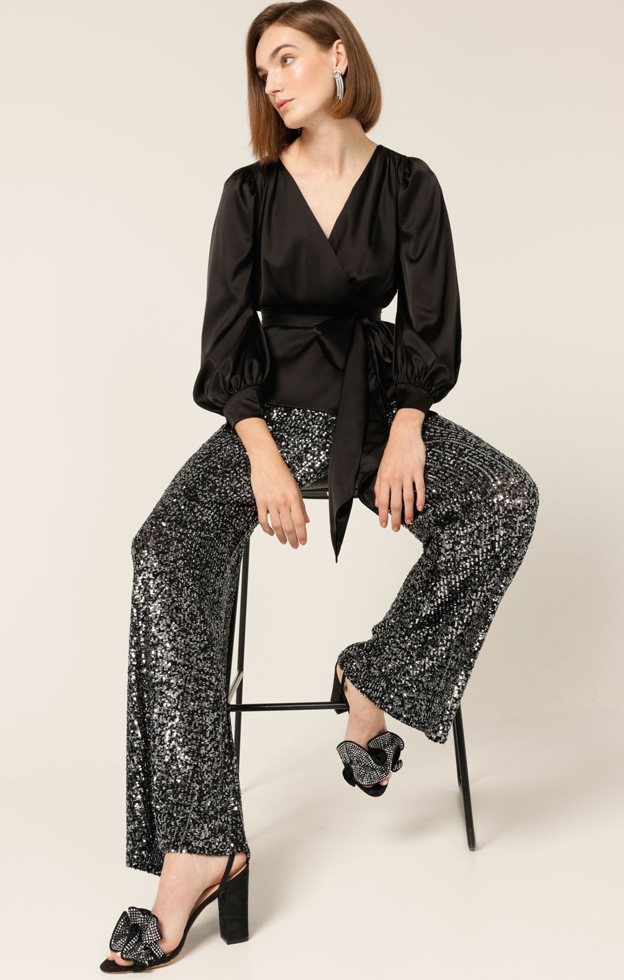 Tops Multi Occasion SATIN FAUX WRAP TOP IN BLACK