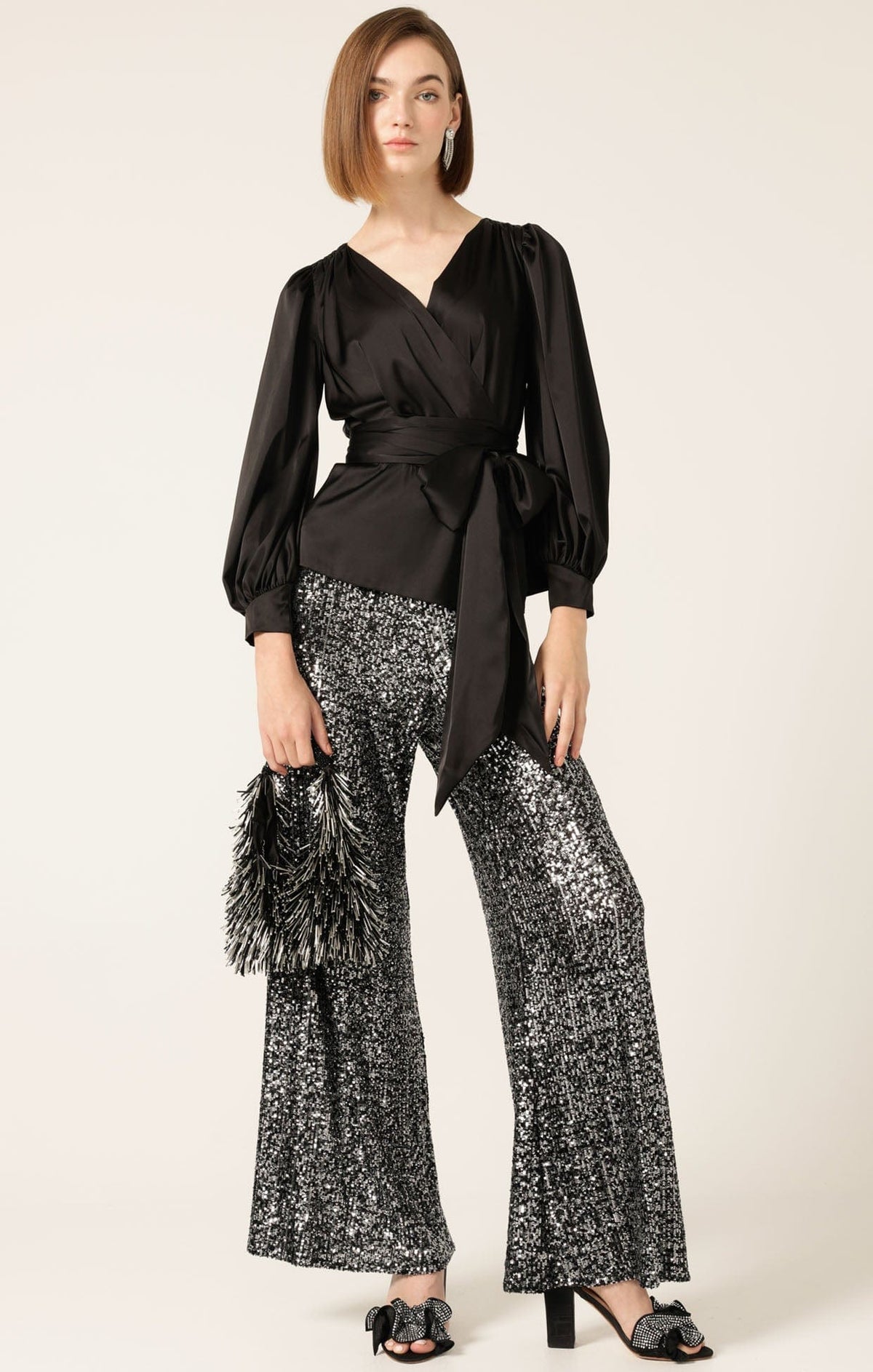 Tops Multi Occasion SATIN FAUX WRAP TOP IN BLACK