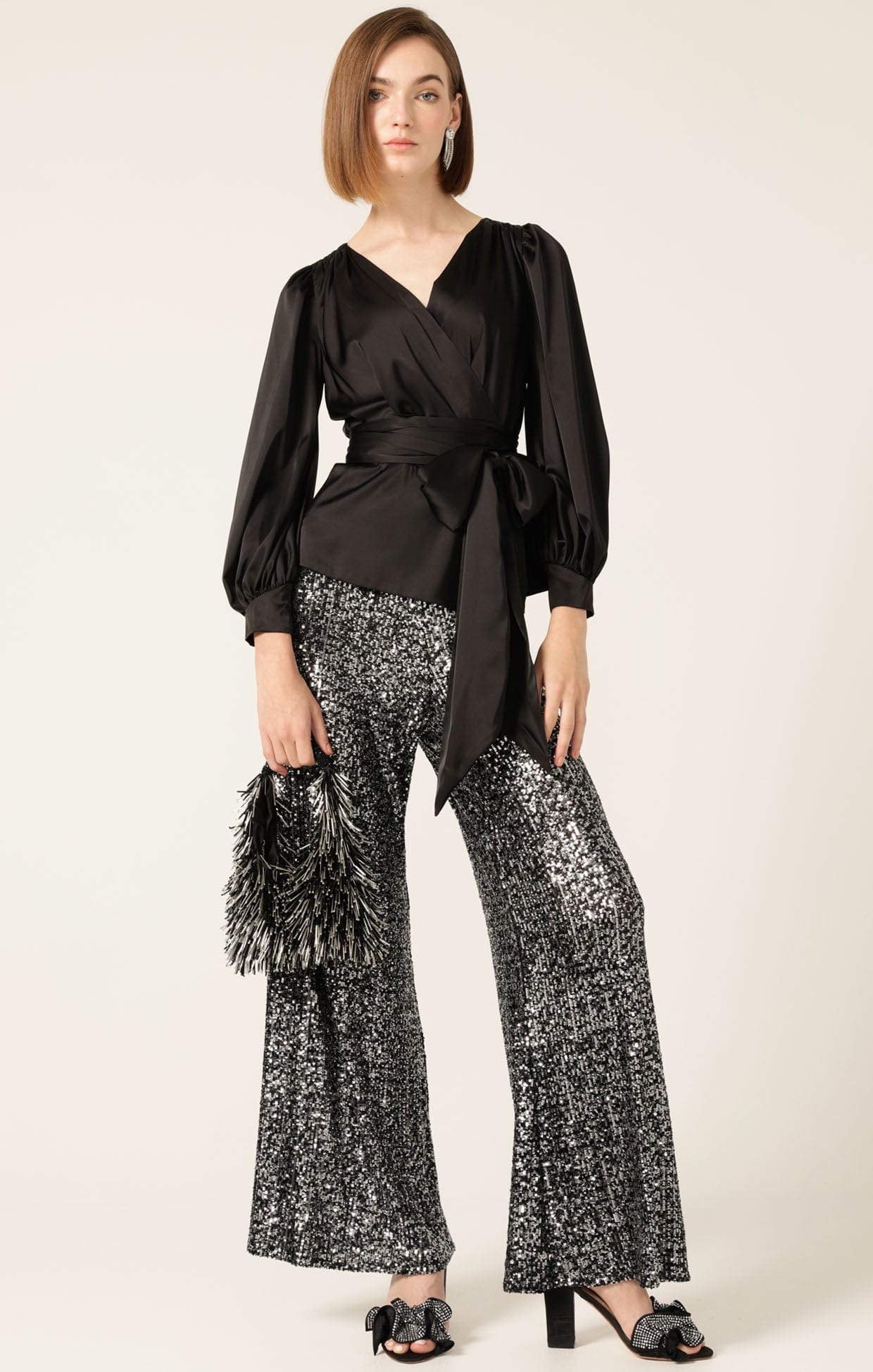 Tops Multi Occasion SATIN FAUX WRAP TOP IN BLACK