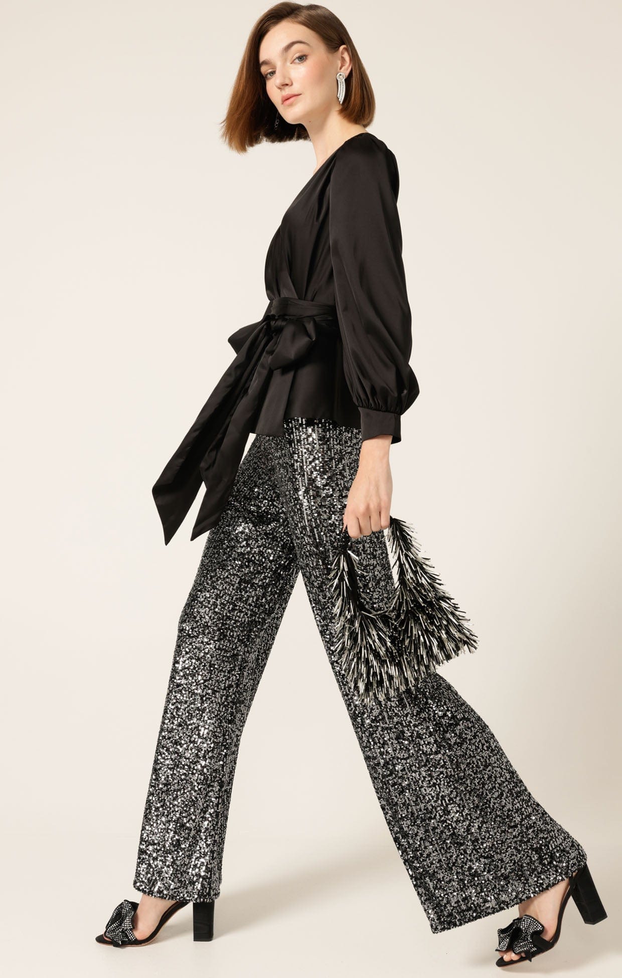 Tops Multi Occasion SATIN FAUX WRAP TOP IN BLACK