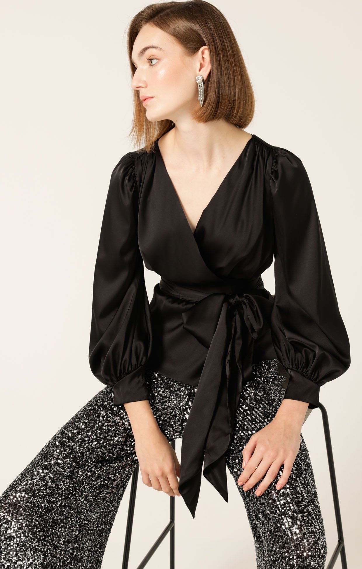 Tops Multi Occasion SATIN FAUX WRAP TOP IN BLACK
