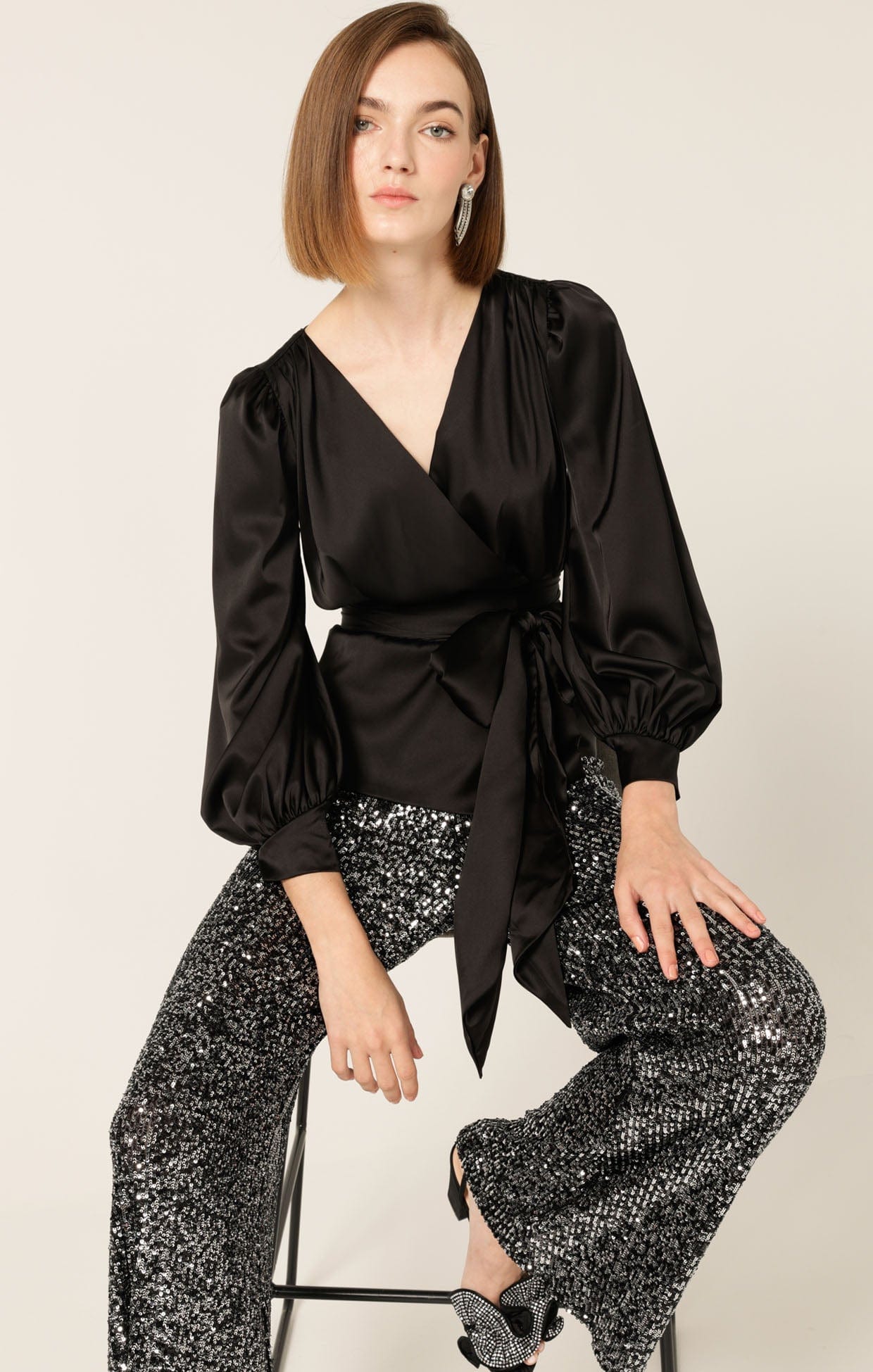 Tops Multi Occasion SATIN FAUX WRAP TOP IN BLACK