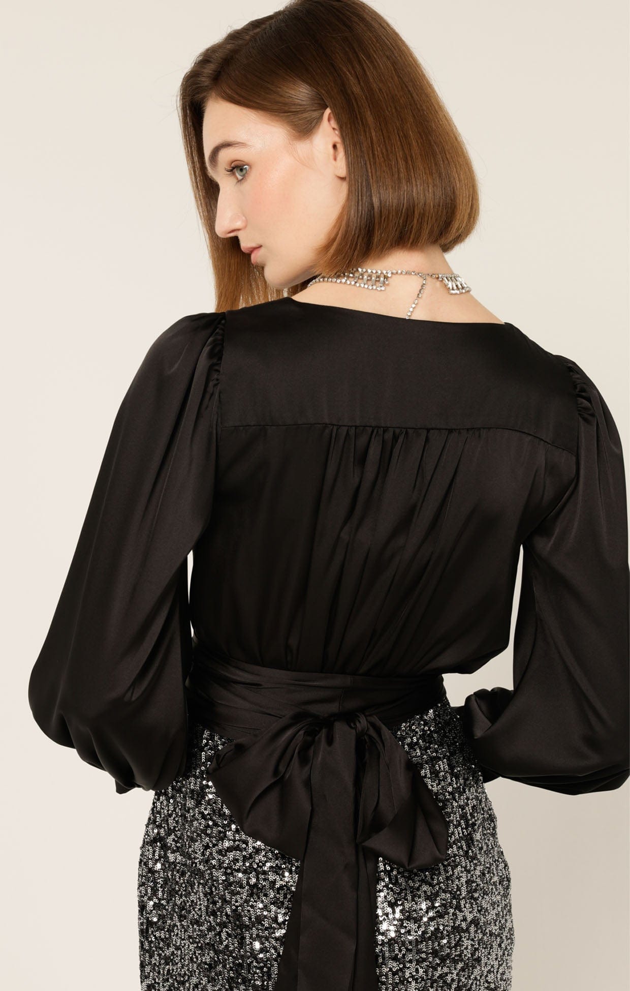 Tops Multi Occasion SATIN FAUX WRAP TOP IN BLACK