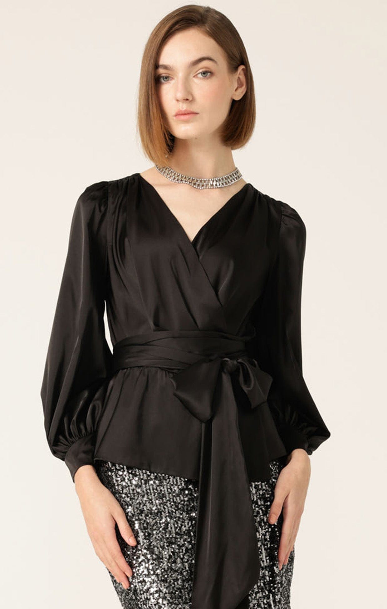 Tops Multi Occasion SATIN FAUX WRAP TOP IN BLACK