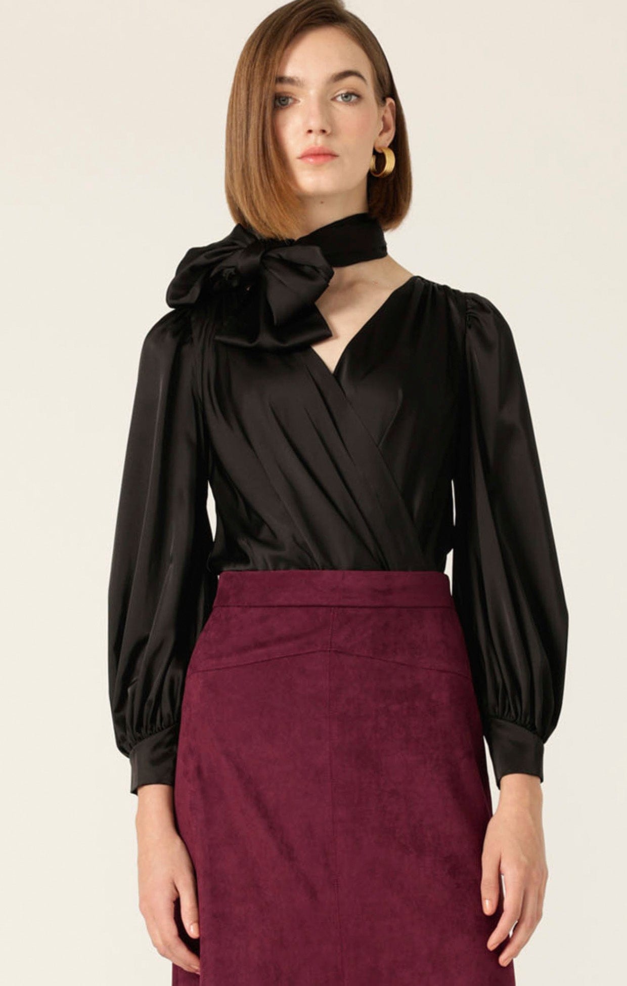 Tops Multi Occasion SATIN FAUX WRAP TOP IN BLACK