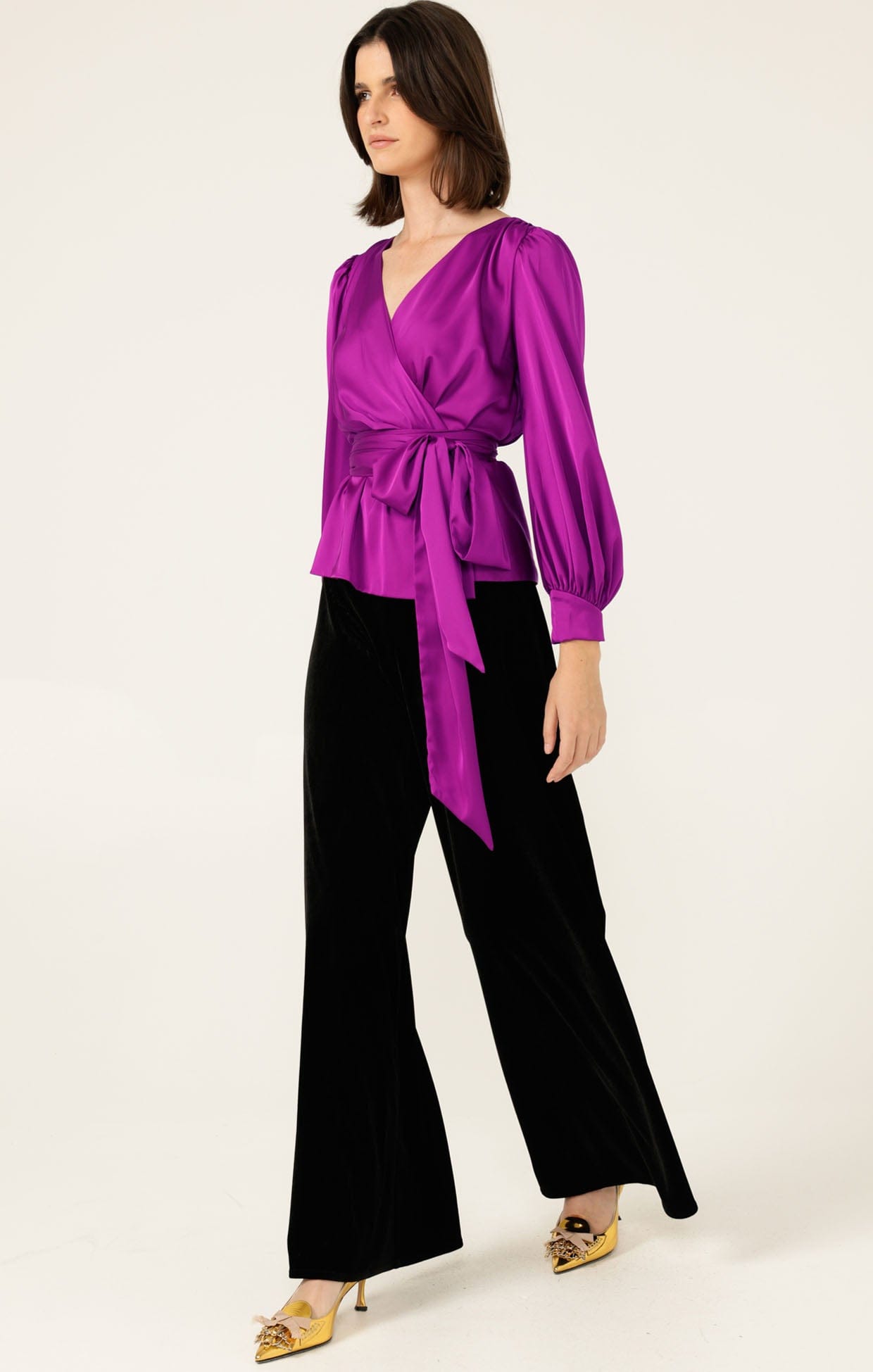 Tops SATIN FAUX WRAP TOP IN MAGENTA
