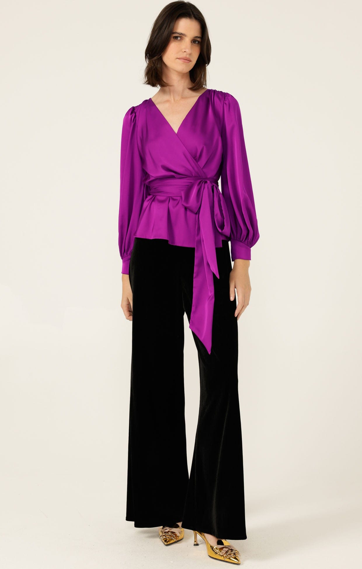 Tops SATIN FAUX WRAP TOP IN MAGENTA