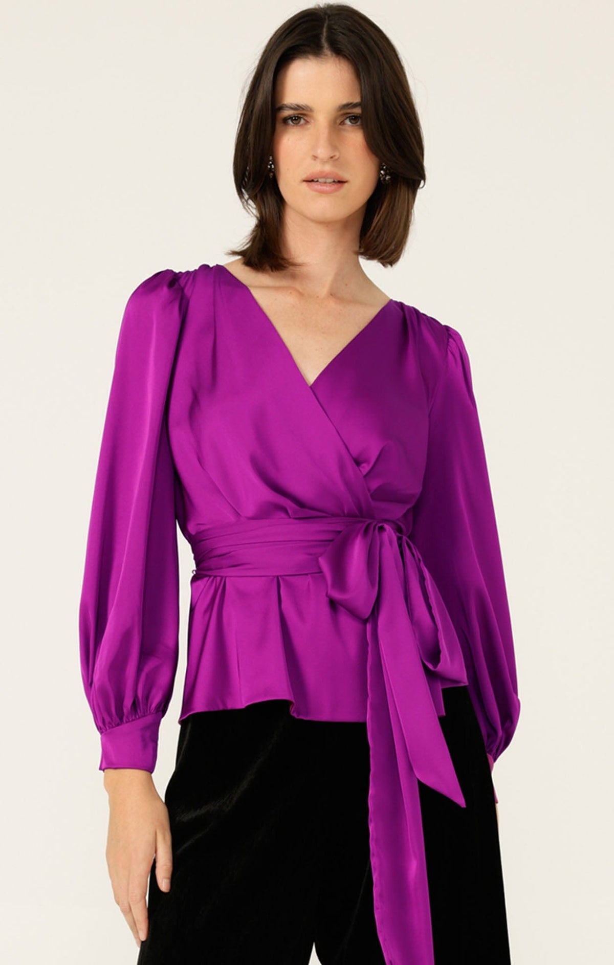 Tops SATIN FAUX WRAP TOP IN MAGENTA