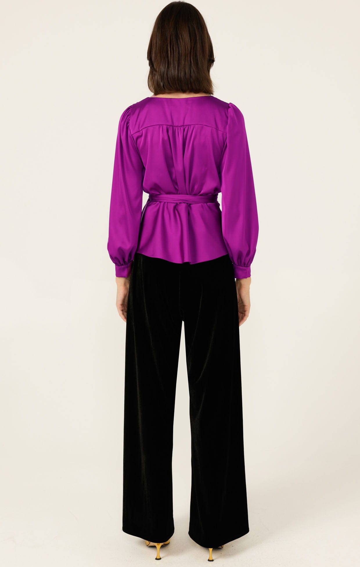 Tops SATIN FAUX WRAP TOP IN MAGENTA