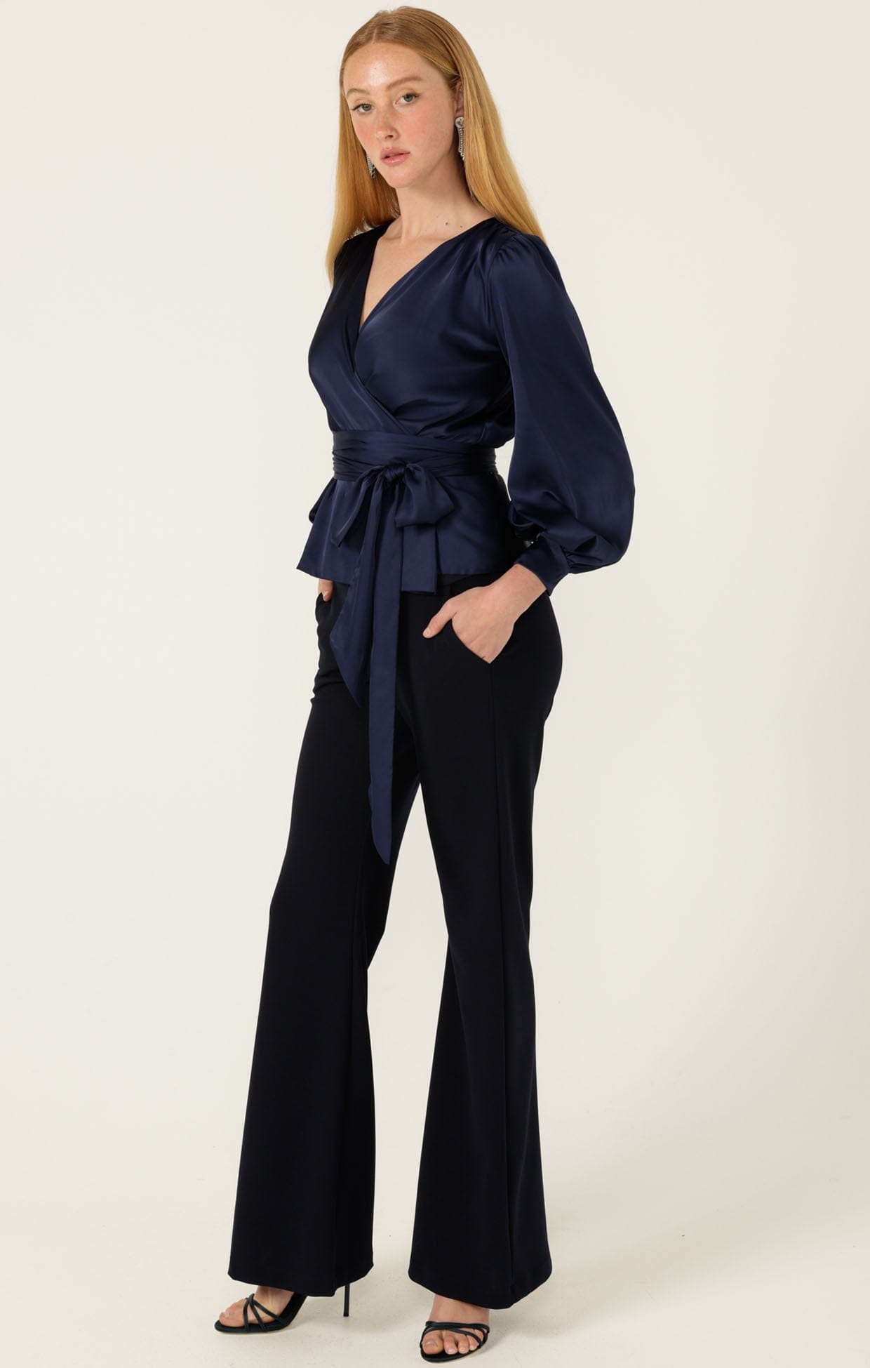 Tops SATIN FAUX WRAP TOP IN NAVY