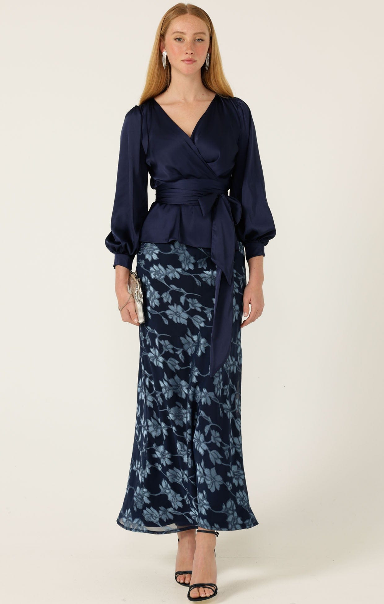 Tops SATIN FAUX WRAP TOP IN NAVY