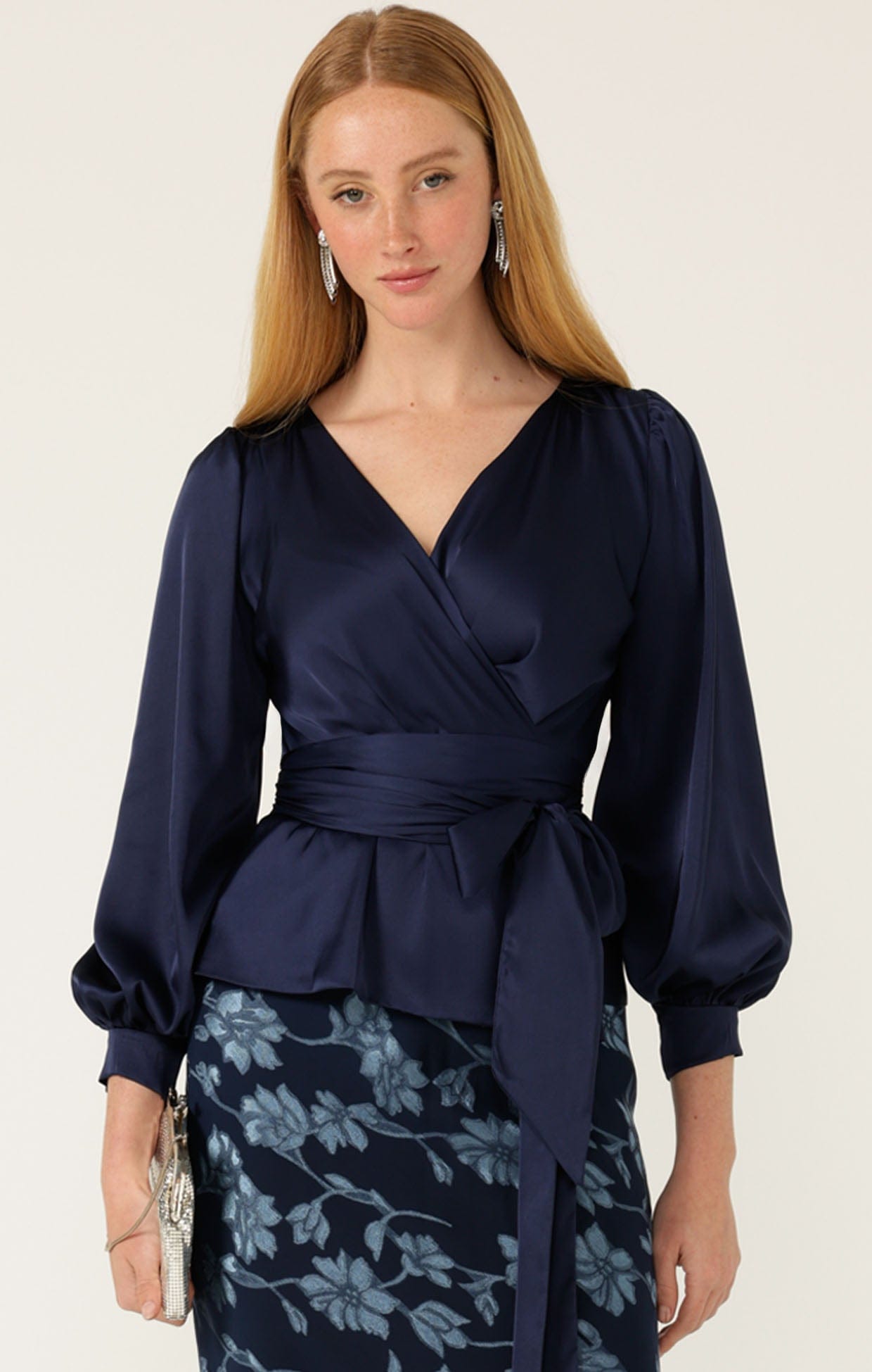 Tops SATIN FAUX WRAP TOP IN NAVY