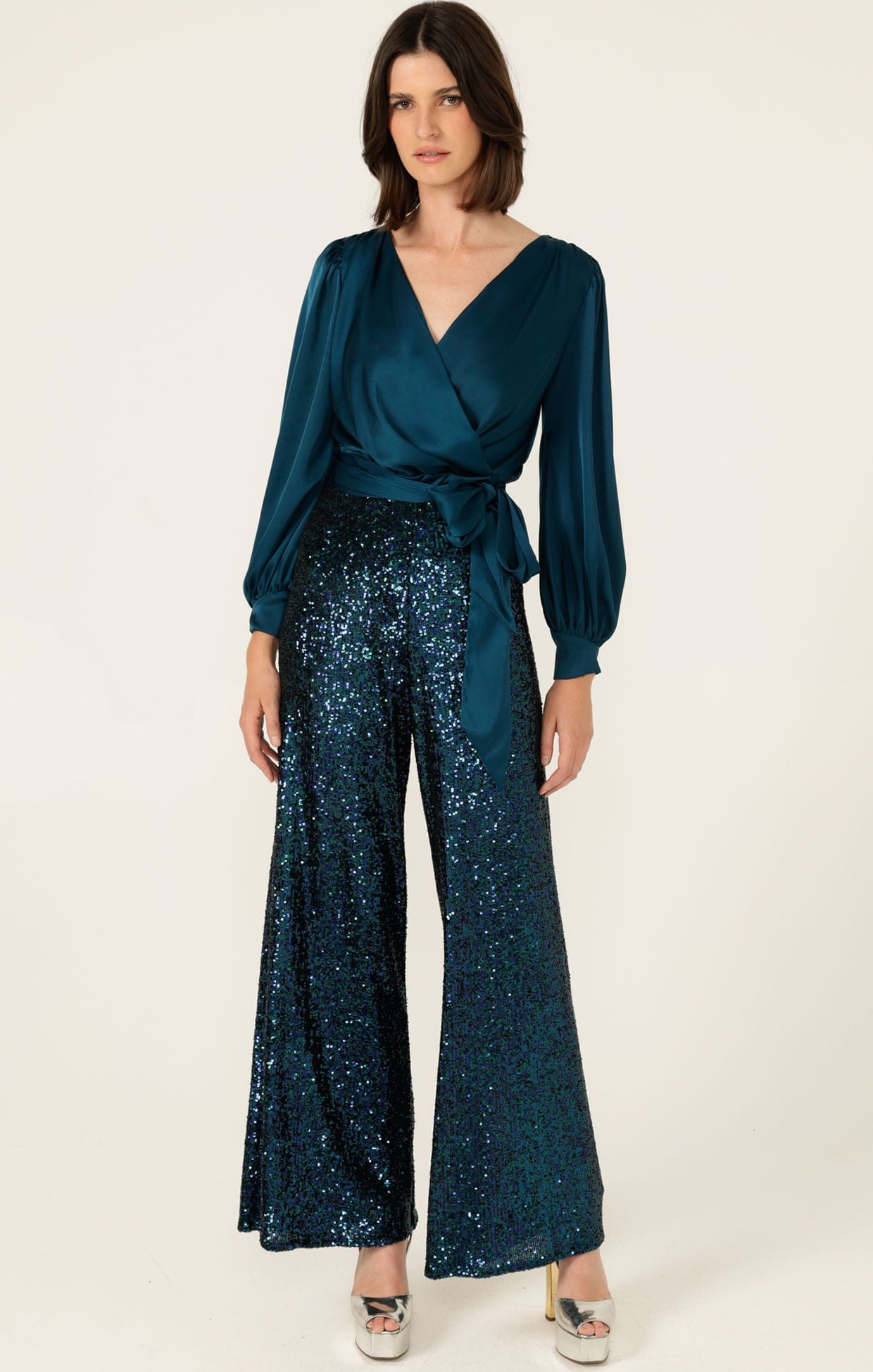 Pants Events SEQUIN PALAZZO PANT IN PEACOCK