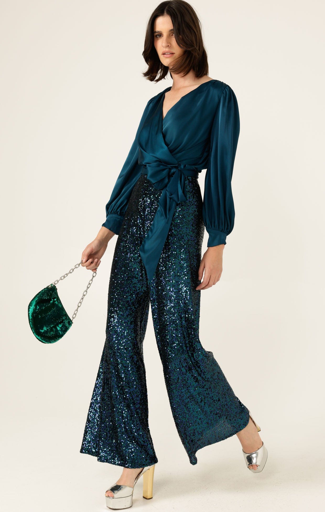 Tops SATIN FAUX WRAP TOP IN PEACOCK