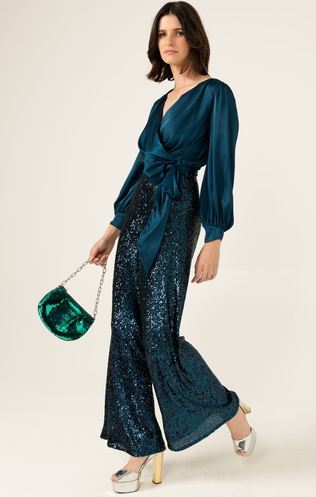 Pants Events SEQUIN PALAZZO PANT IN PEACOCK