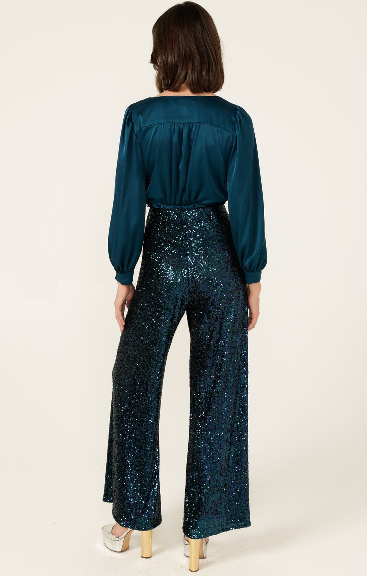 Tops SATIN FAUX WRAP TOP IN PEACOCK