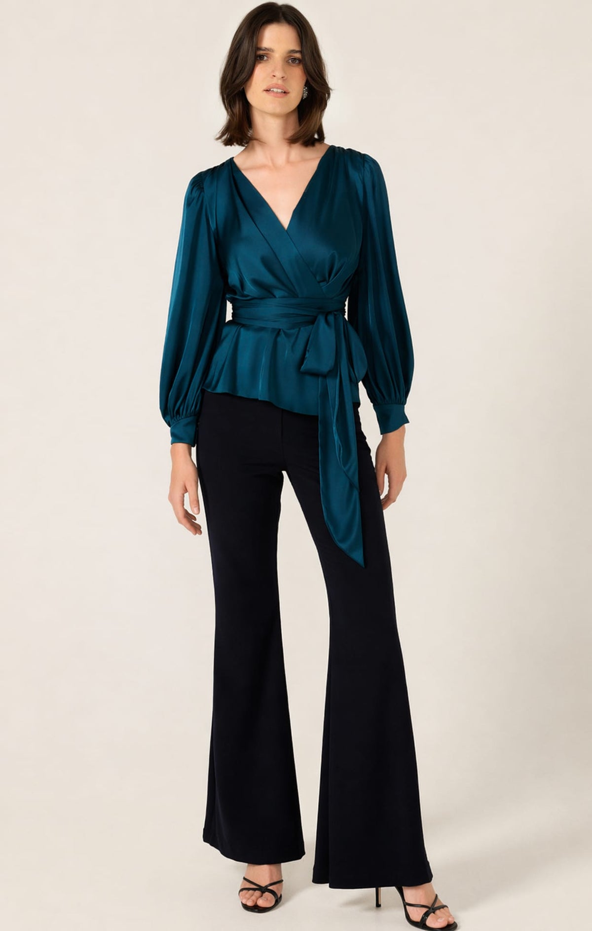 Tops SATIN FAUX WRAP TOP IN PEACOCK