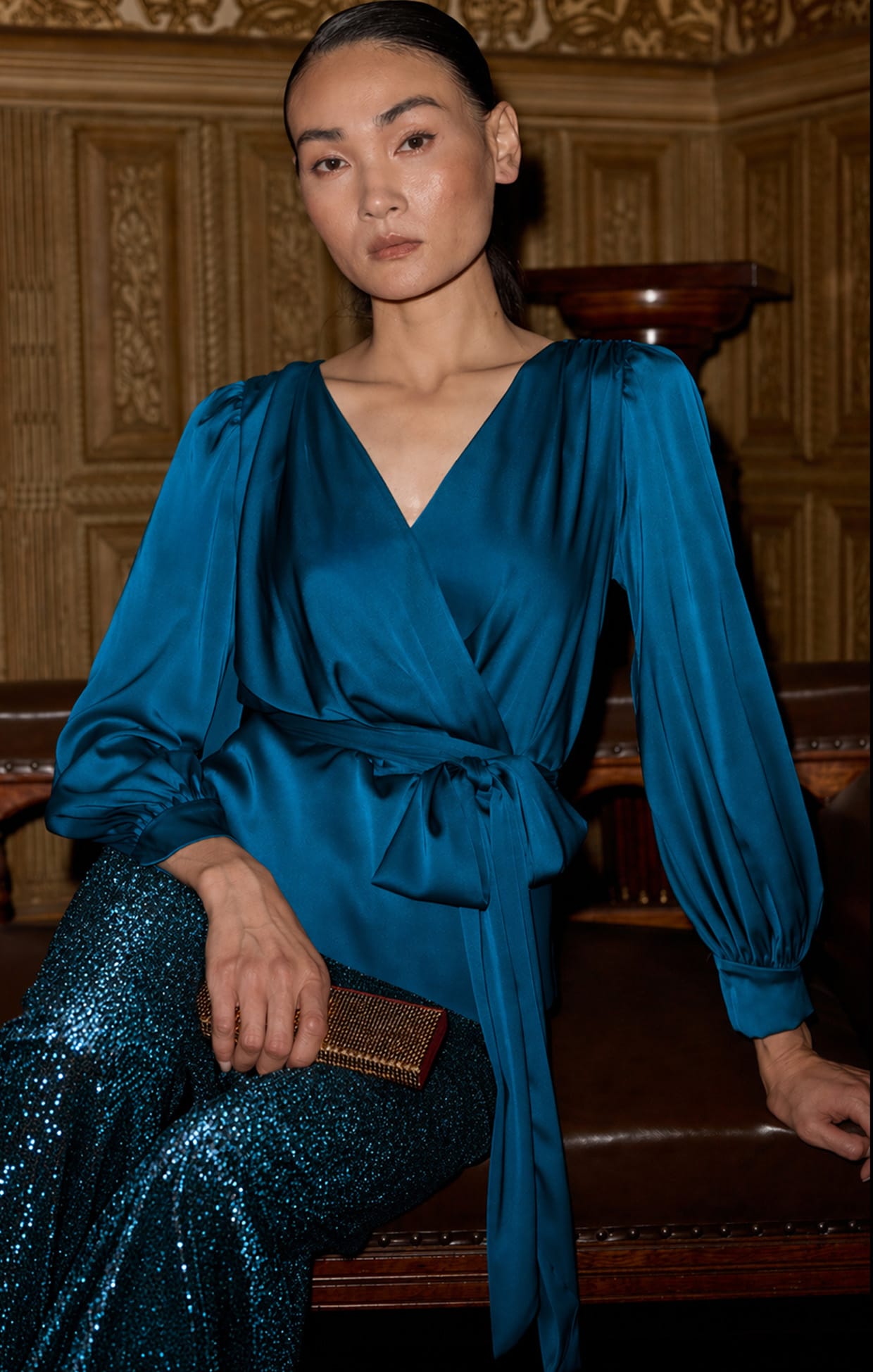 Tops SATIN FAUX WRAP TOP IN PEACOCK