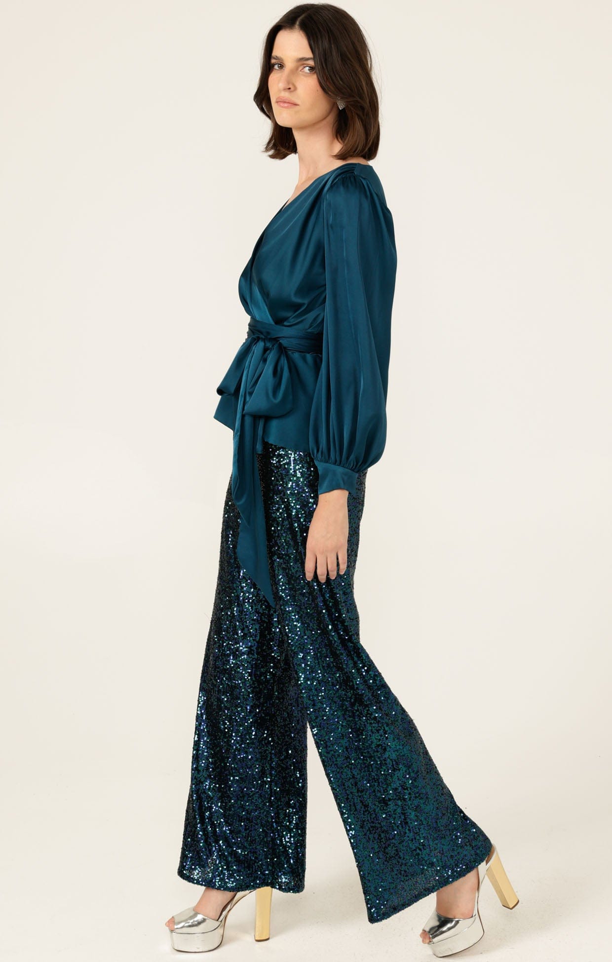 Pants Events SEQUIN PALAZZO PANT IN PEACOCK