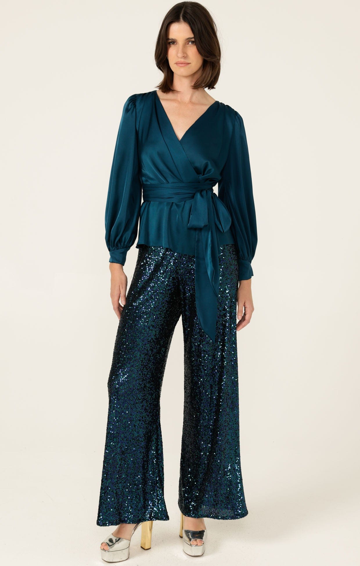 Pants Events SEQUIN PALAZZO PANT IN PEACOCK